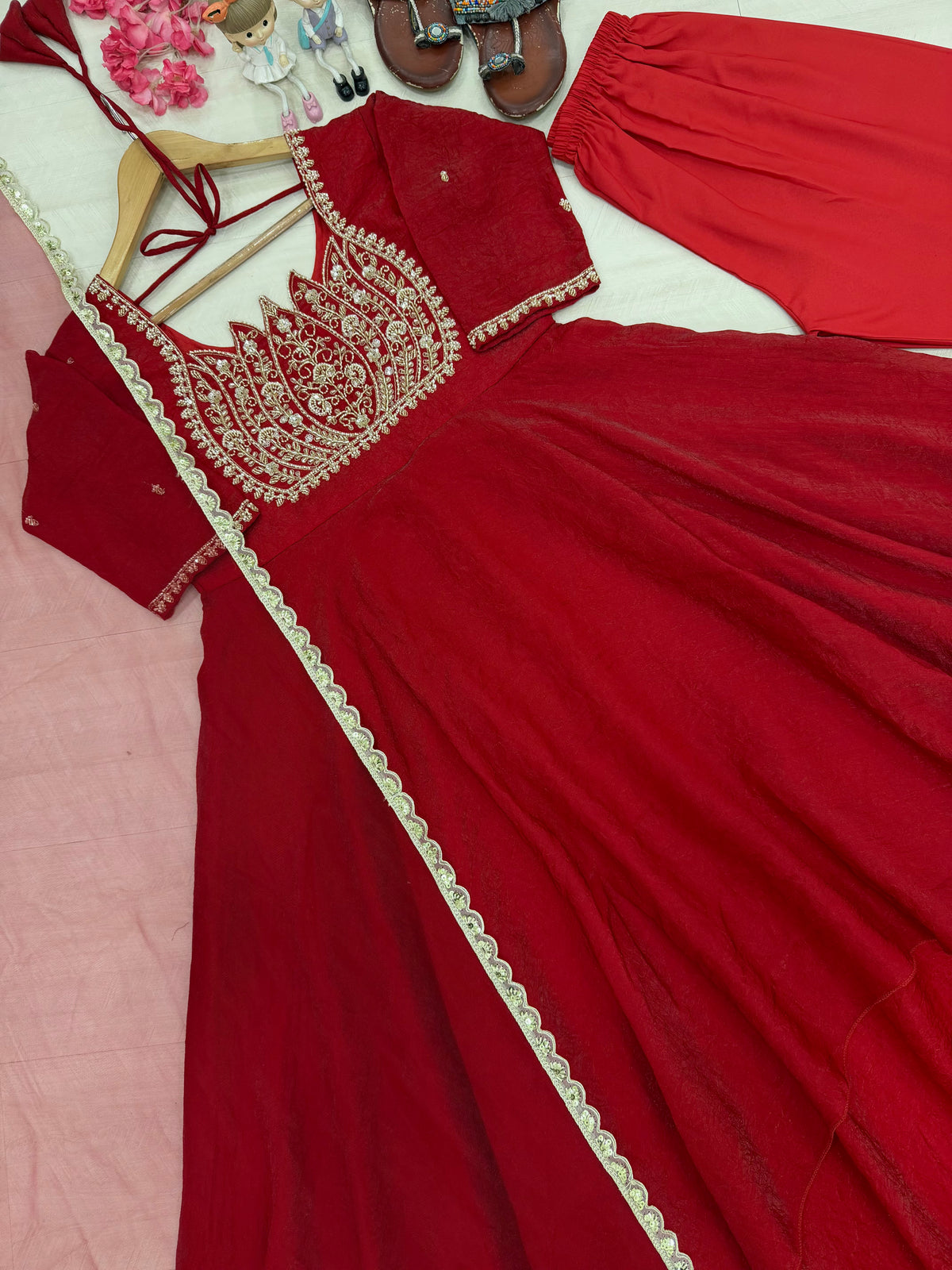 Wine Red Crush Silk Embroidered Anarkali Gown Set with Net Dupatta