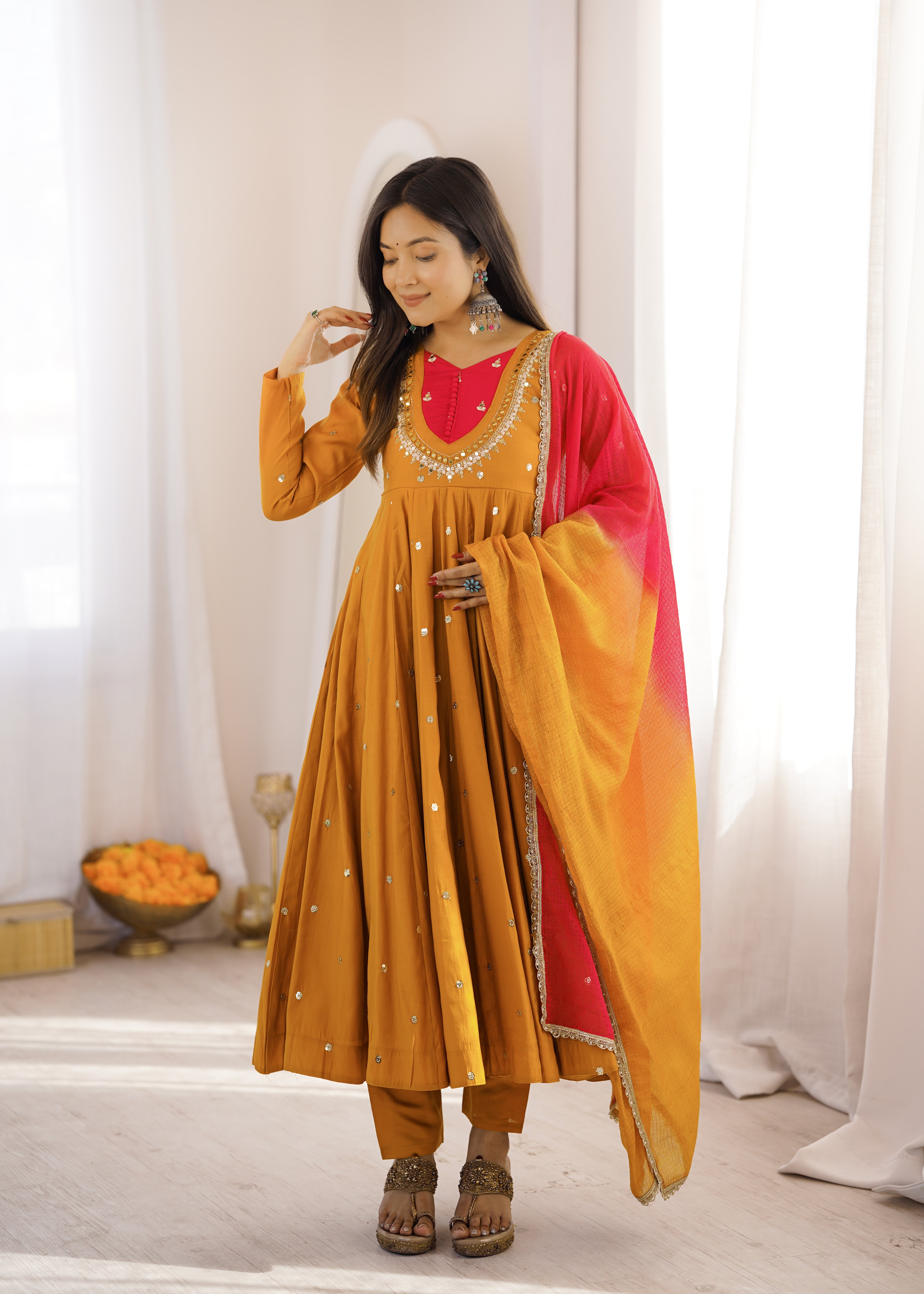 Mustard Yellow Roman Silk Anarkali Suit Set with Real Mirror Work & Pink Kota Dupatta | Ready to Wear