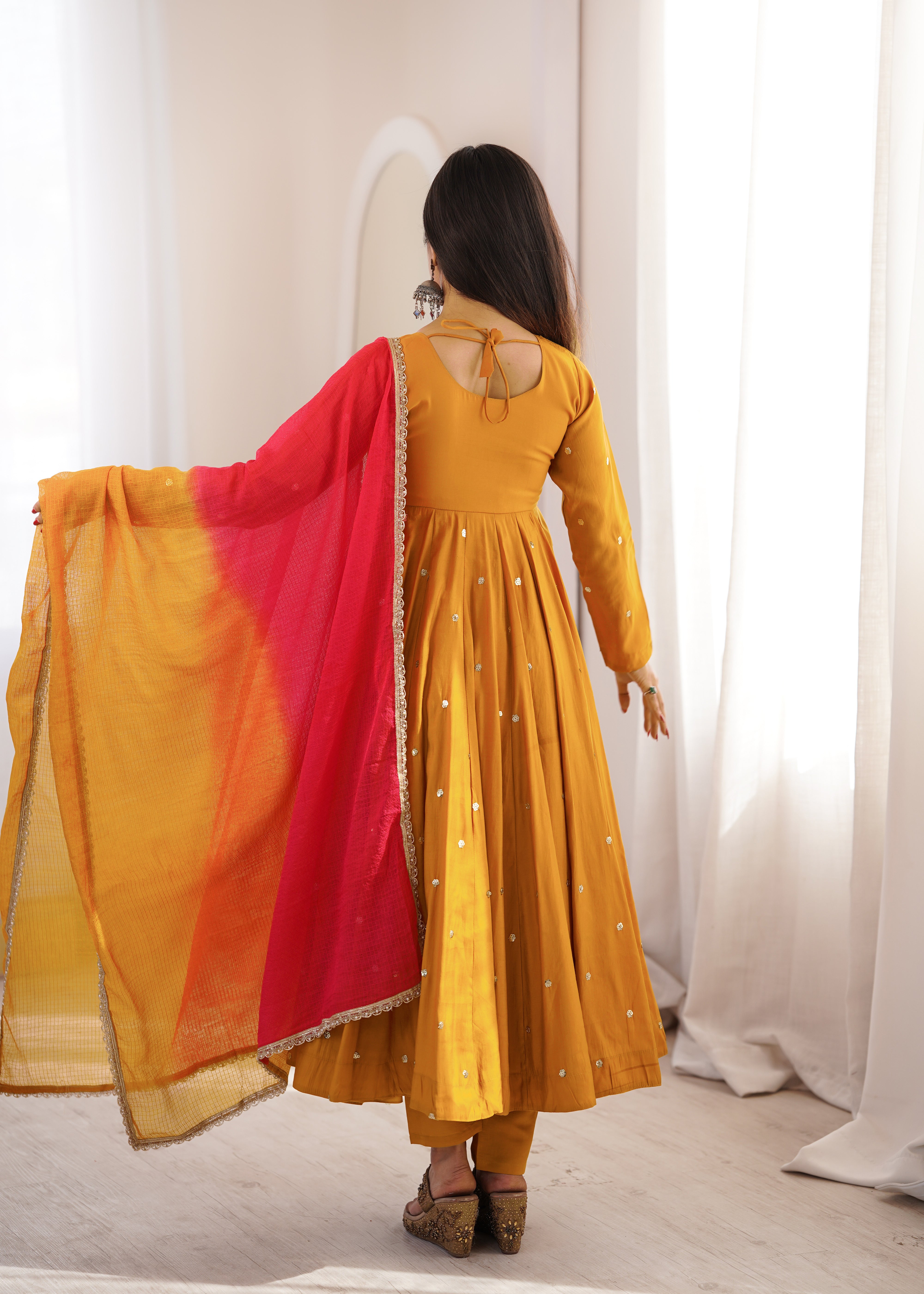 Mustard Yellow Roman Silk Anarkali Suit Set with Real Mirror Work & Pink Kota Dupatta | Ready to Wear