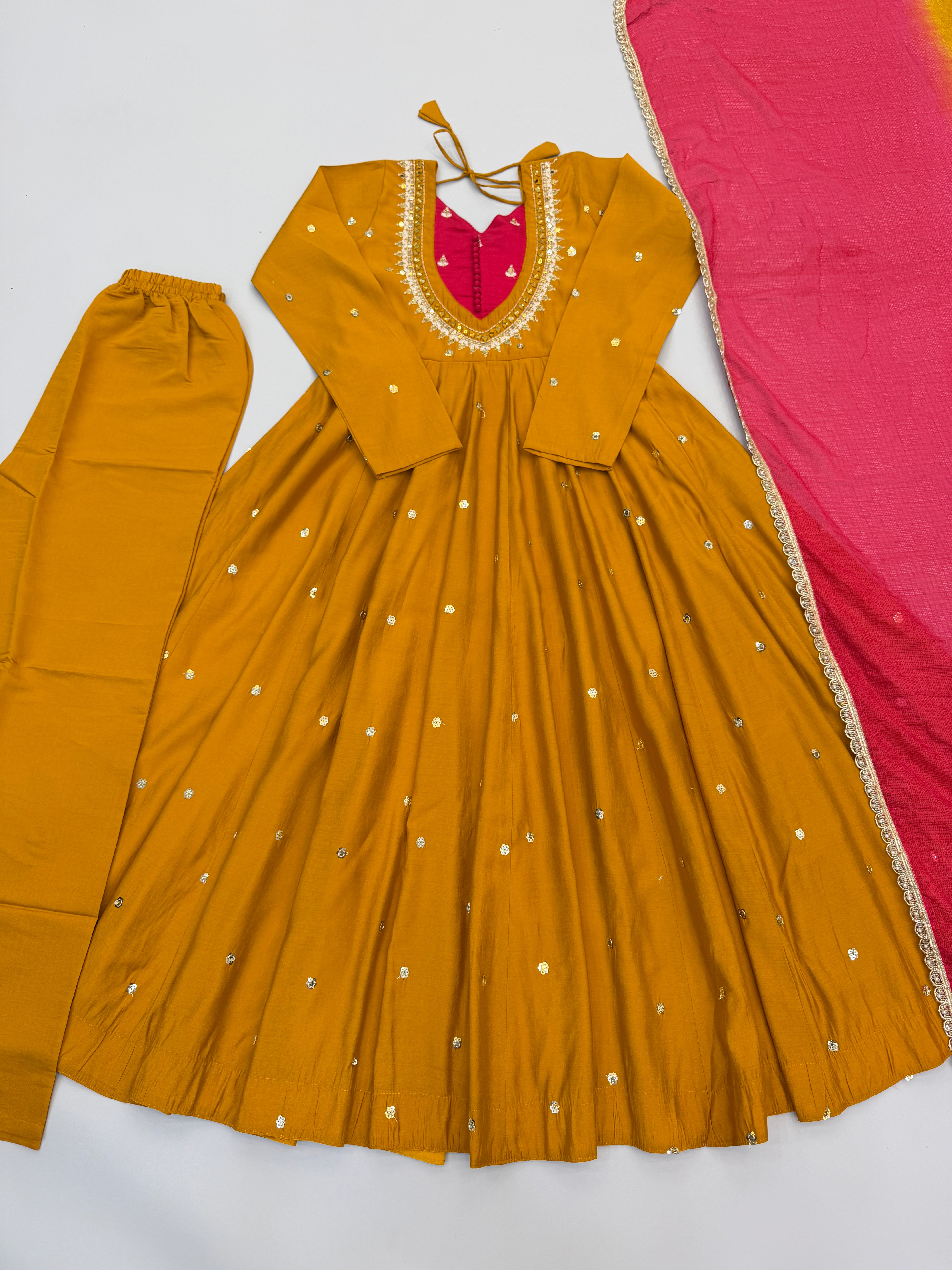 Mustard Yellow Roman Silk Anarkali Suit Set with Real Mirror Work & Pink Kota Dupatta | Ready to Wear