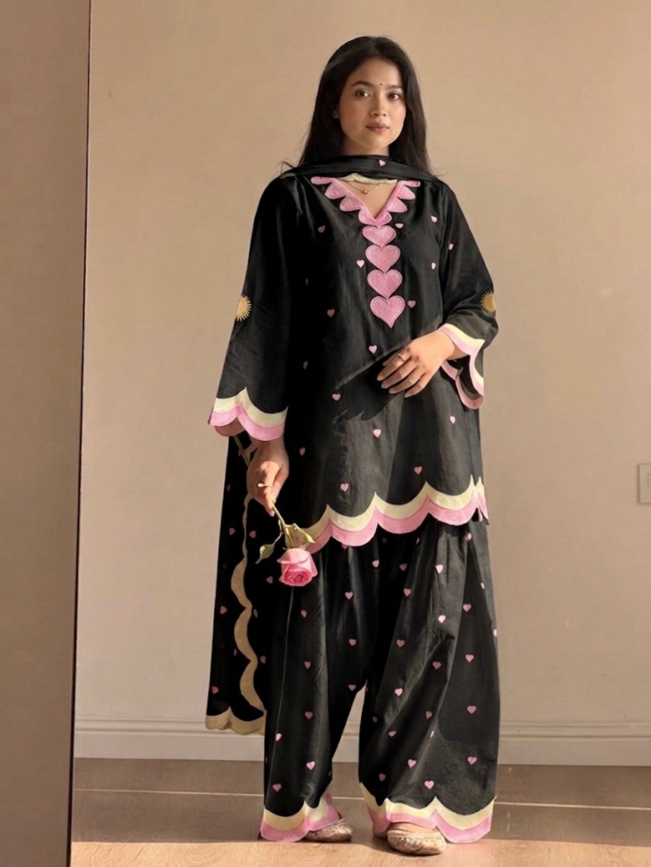 Black Mal Chanderi Cotton Embroidered Farshi Salwar Suit Set