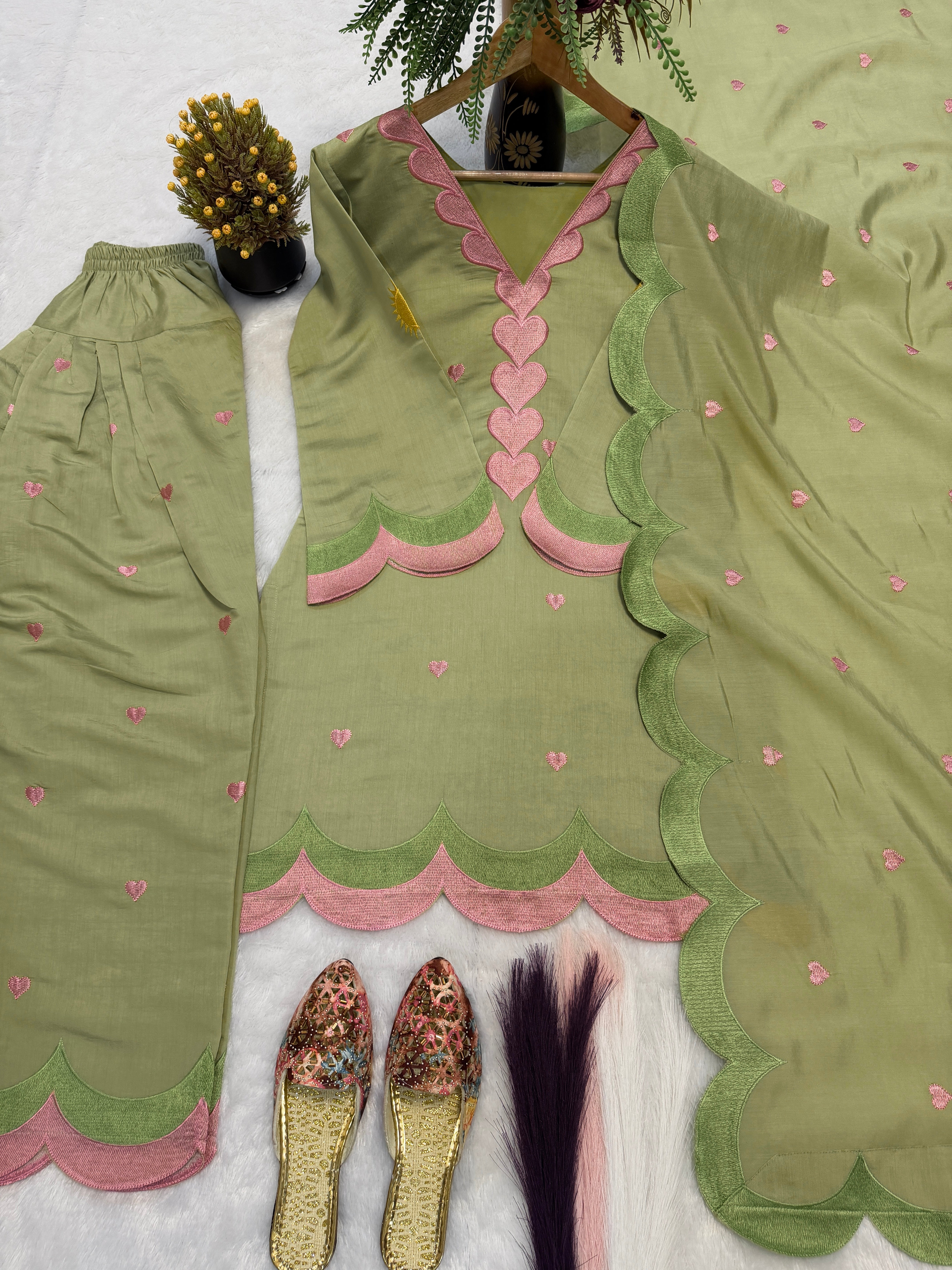 Olive Green Mal Chanderi Cotton Embroidered Farshi Salwar Suit Set