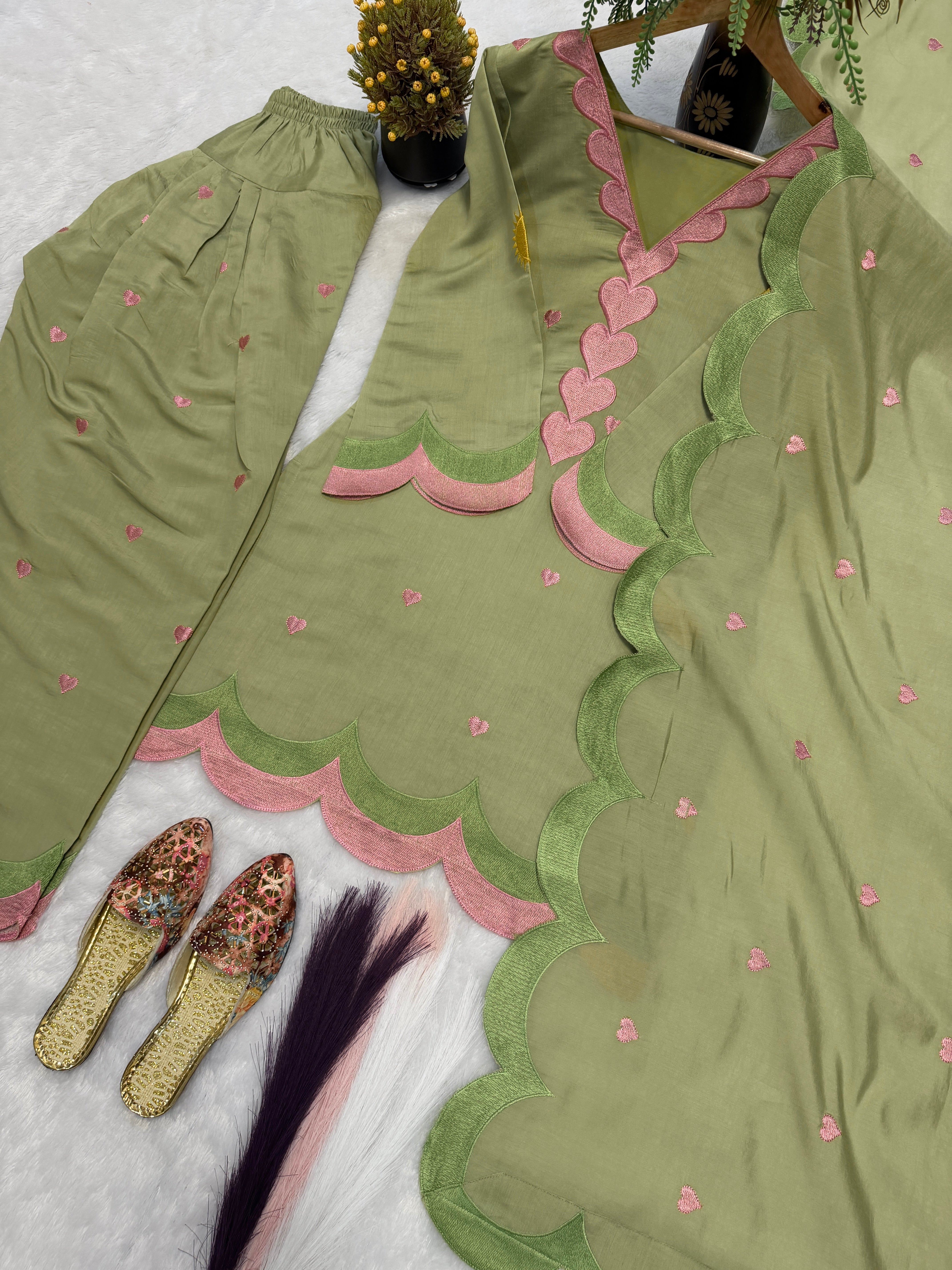 Olive Green Mal Chanderi Cotton Embroidered Farshi Salwar Suit Set