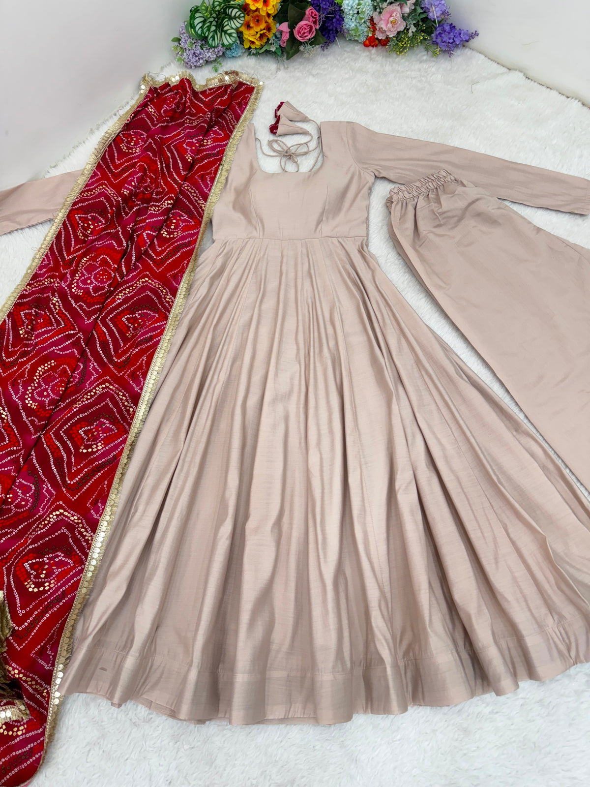 Wine Red Roman Cotton Embroidered Anarkali Gown Set with Dupatta & Pant