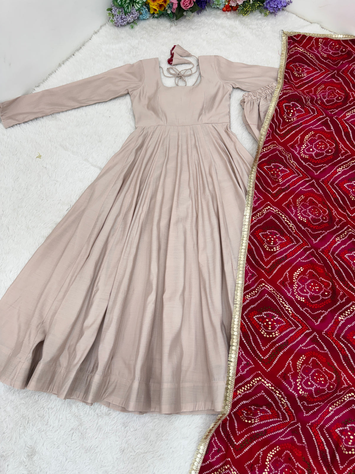 Wine Red Roman Cotton Embroidered Anarkali Gown Set with Dupatta & Pant