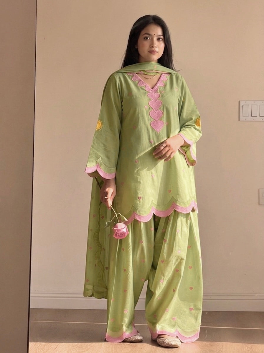 Olive Green Mal Chanderi Cotton Embroidered Farshi Salwar Suit Set