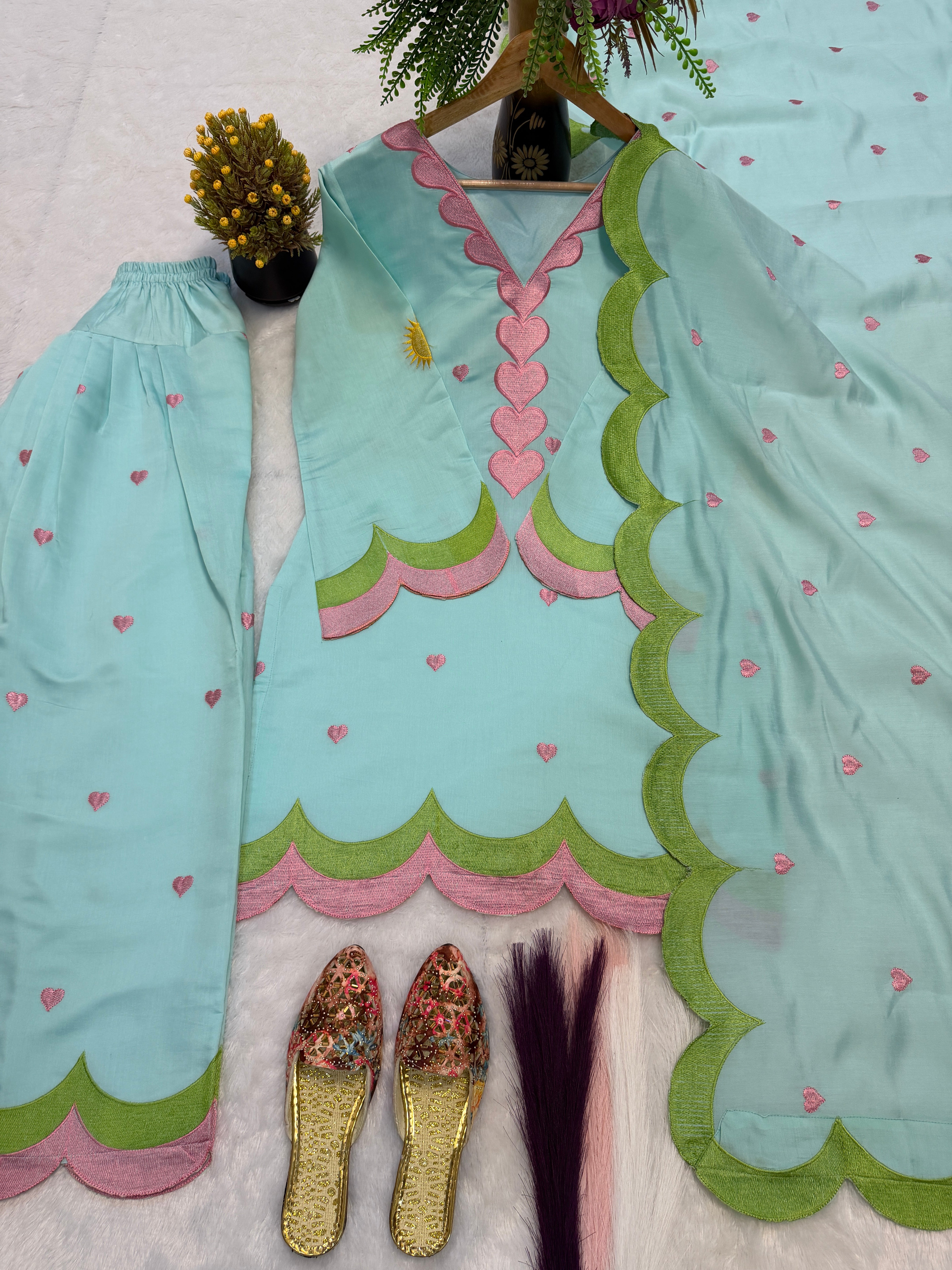 Aqua Blue & Pink Mal Chanderi Cotton Embroidered Farshi Salwar Suit Set
