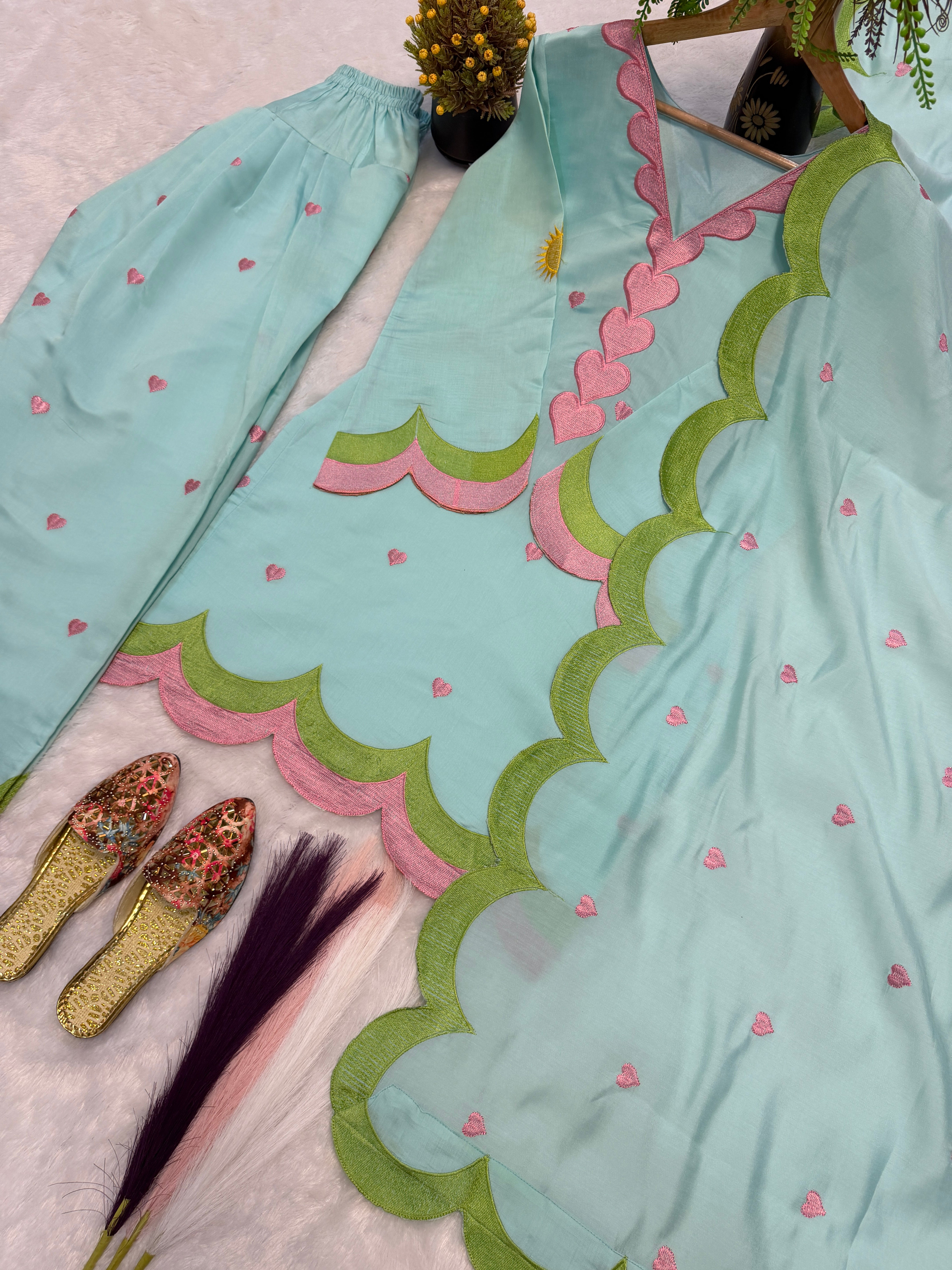 Aqua Blue & Pink Mal Chanderi Cotton Embroidered Farshi Salwar Suit Set