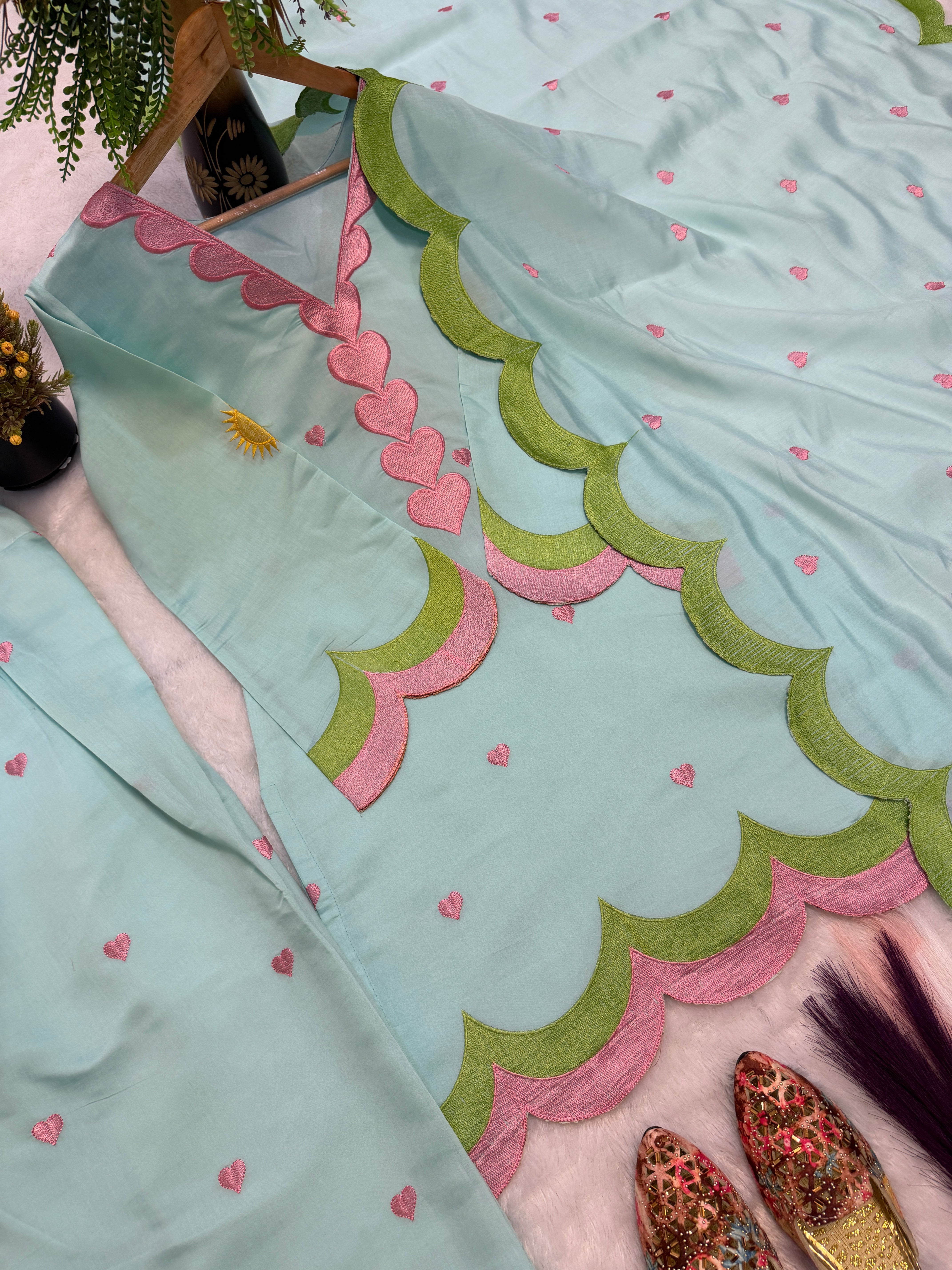 Aqua Blue & Pink Mal Chanderi Cotton Embroidered Farshi Salwar Suit Set