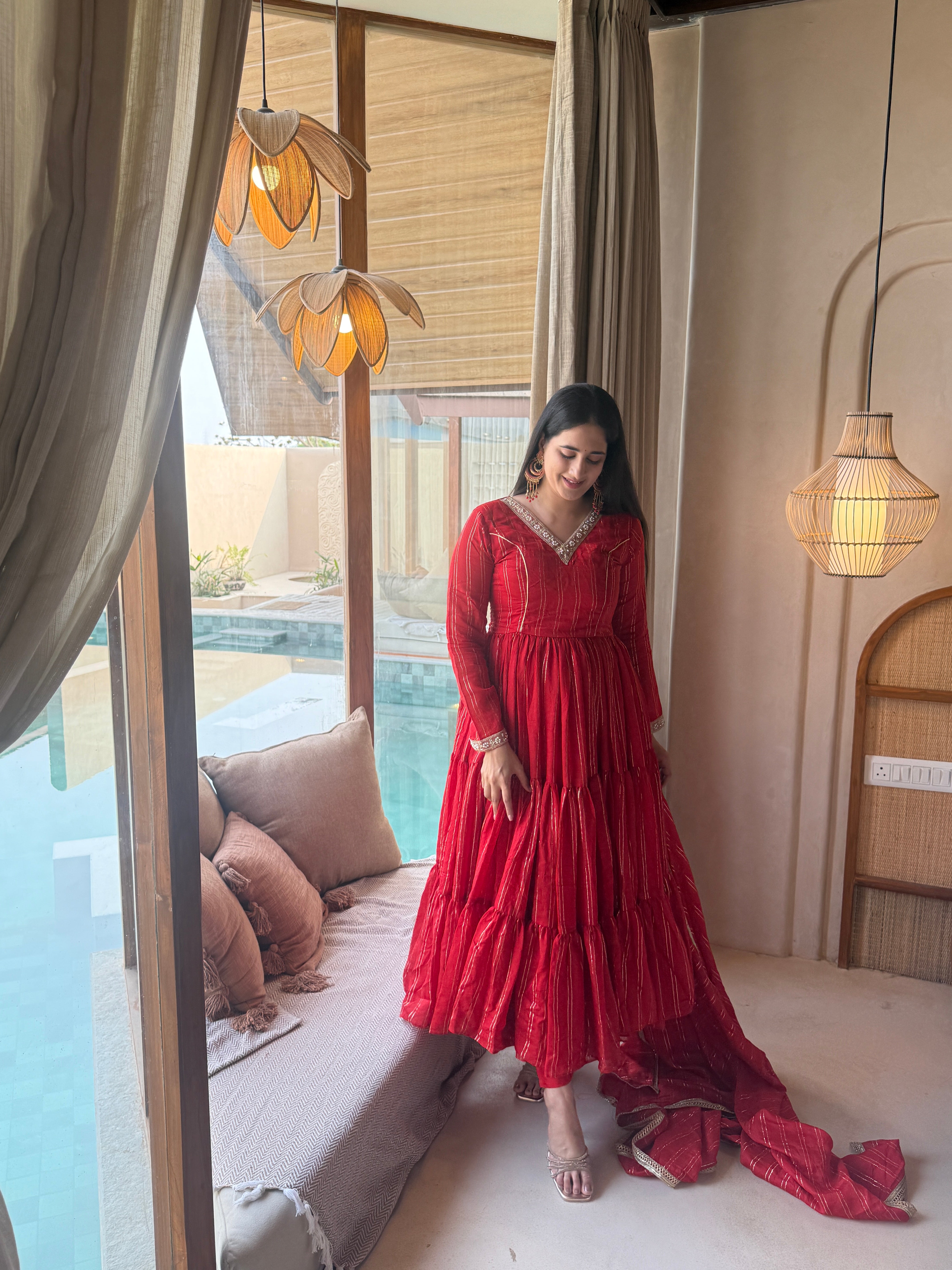 Ruby Red Heavy Brocade Designer Anarkali Suit Set with Matching Brocade Dupatta | Ready to Wear