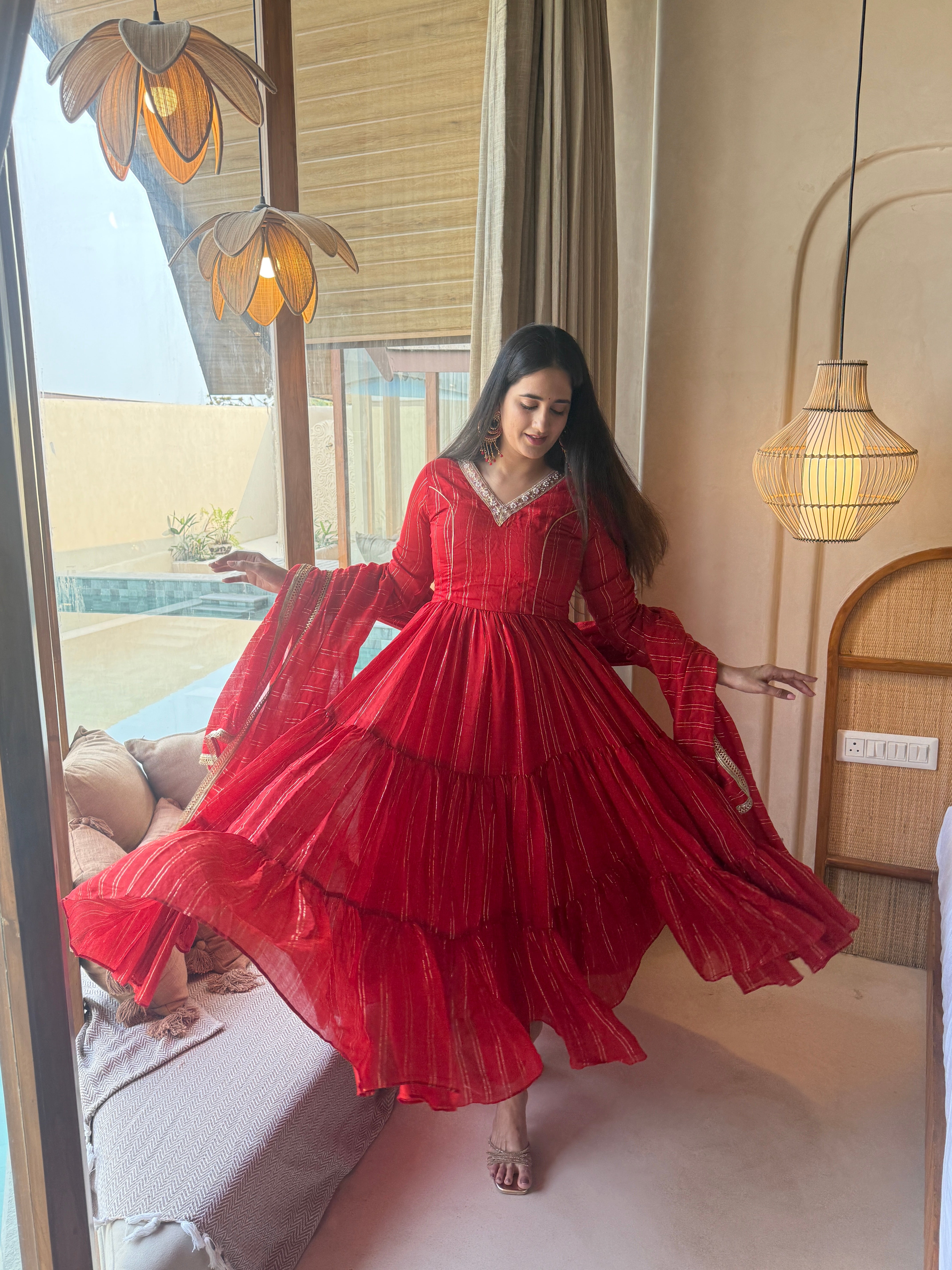 Ruby Red Heavy Brocade Designer Anarkali Suit Set with Matching Brocade Dupatta | Ready to Wear