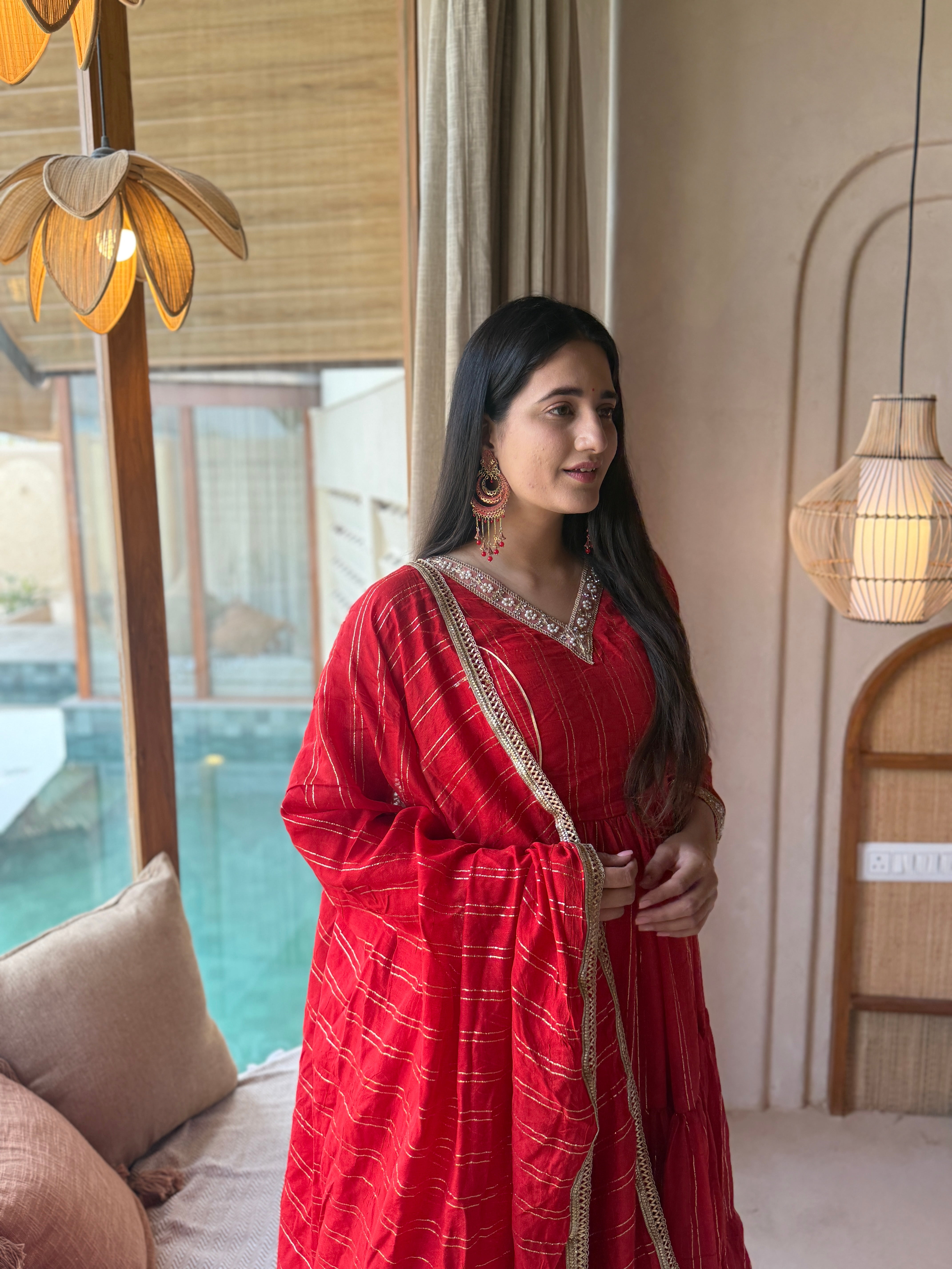 Ruby Red Heavy Brocade Designer Anarkali Suit Set with Matching Brocade Dupatta | Ready to Wear