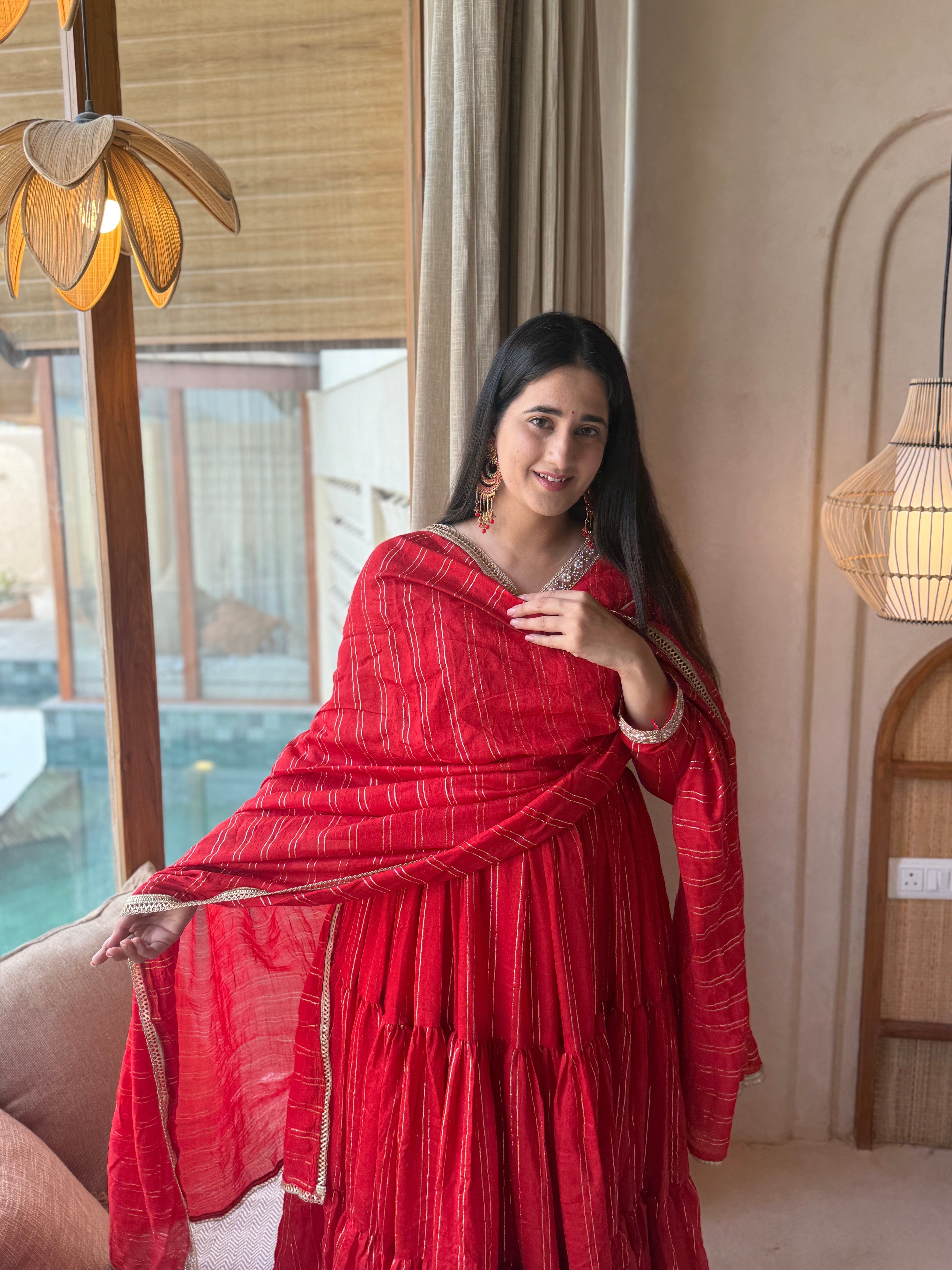 Ruby Red Heavy Brocade Designer Anarkali Suit Set with Matching Brocade Dupatta | Ready to Wear
