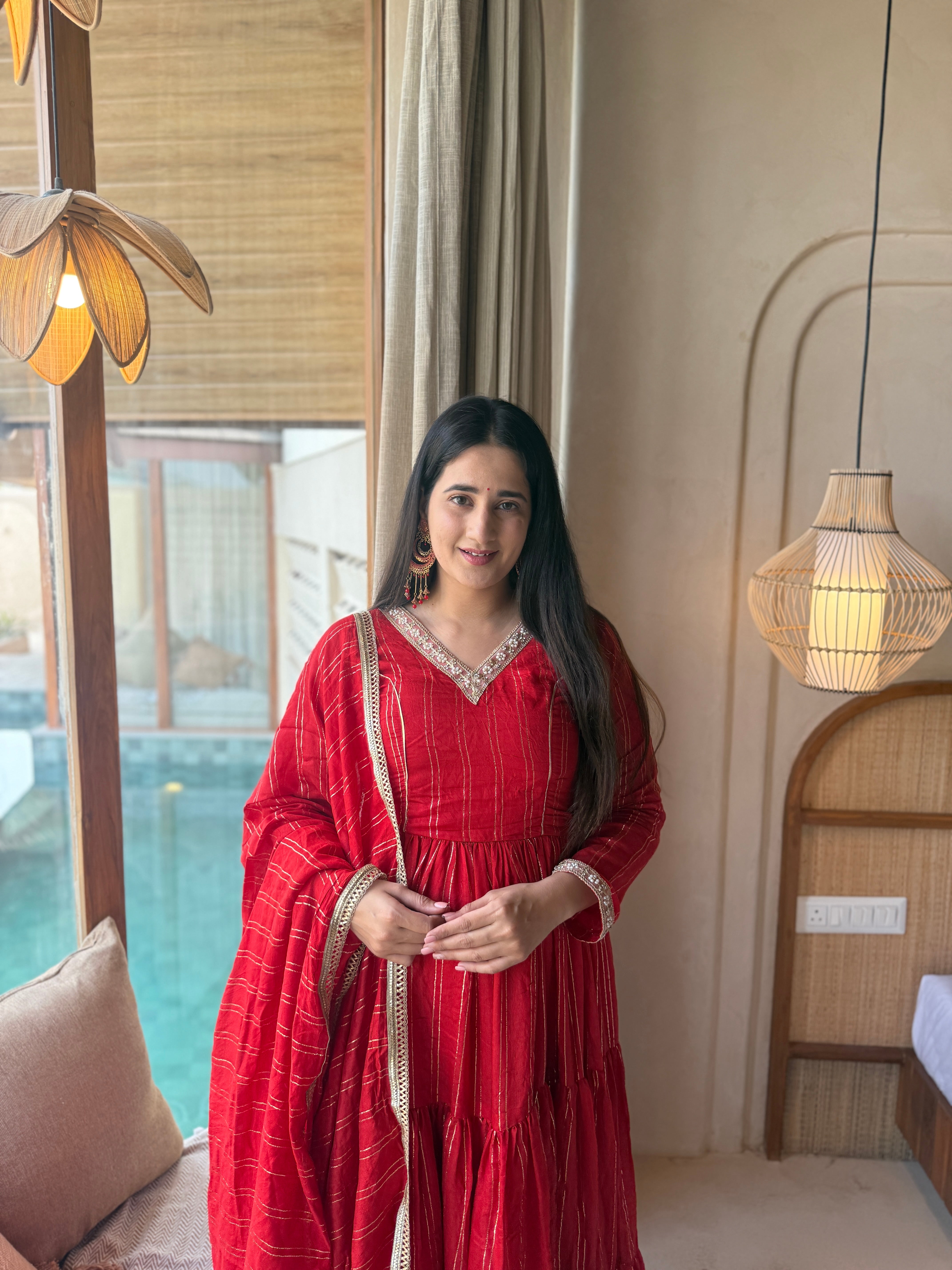 Ruby Red Heavy Brocade Designer Anarkali Suit Set with Matching Brocade Dupatta | Ready to Wear