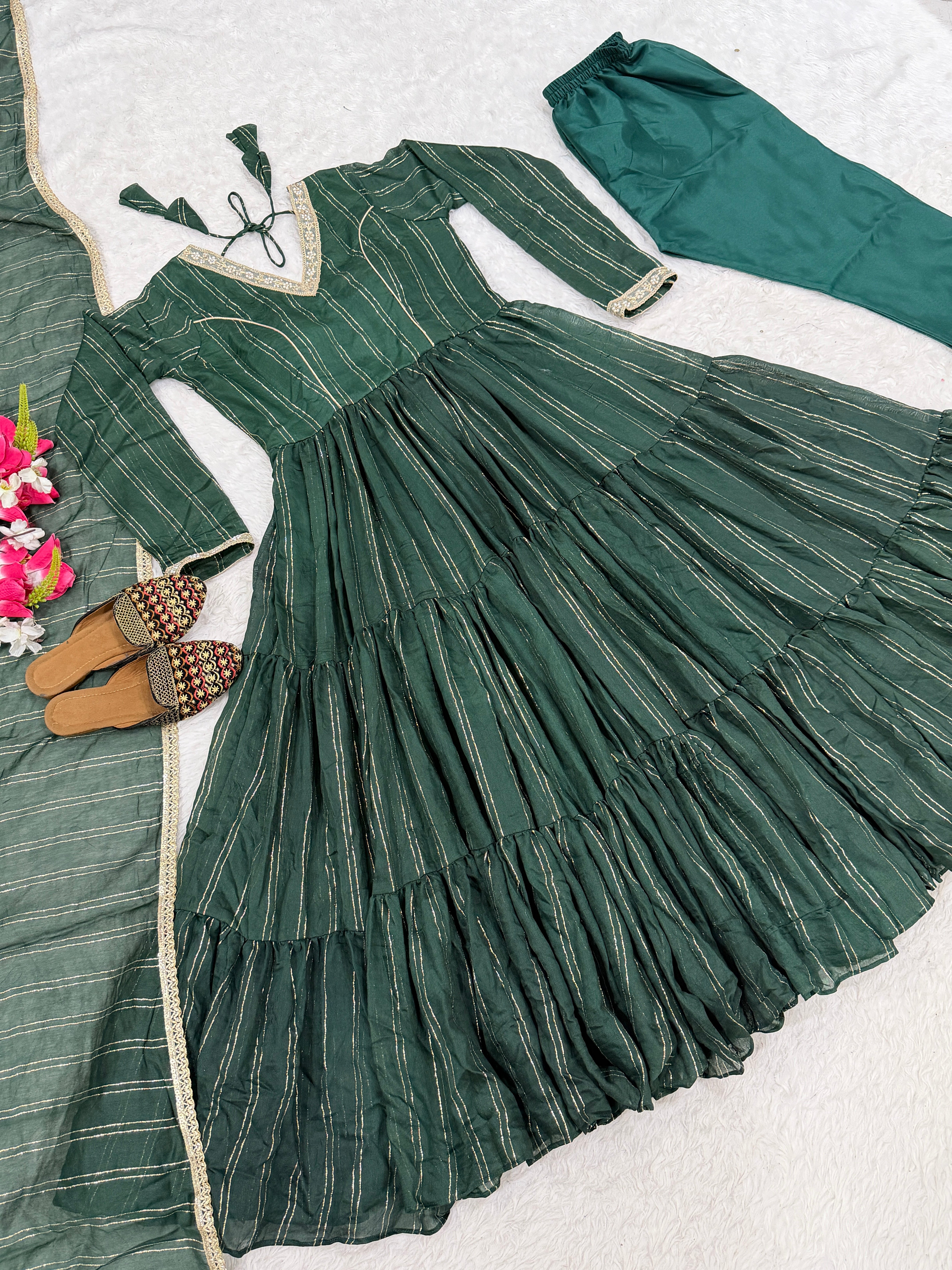 Emerald Green Heavy Brocade Designer Anarkali Suit Set with Dupatta & Pant