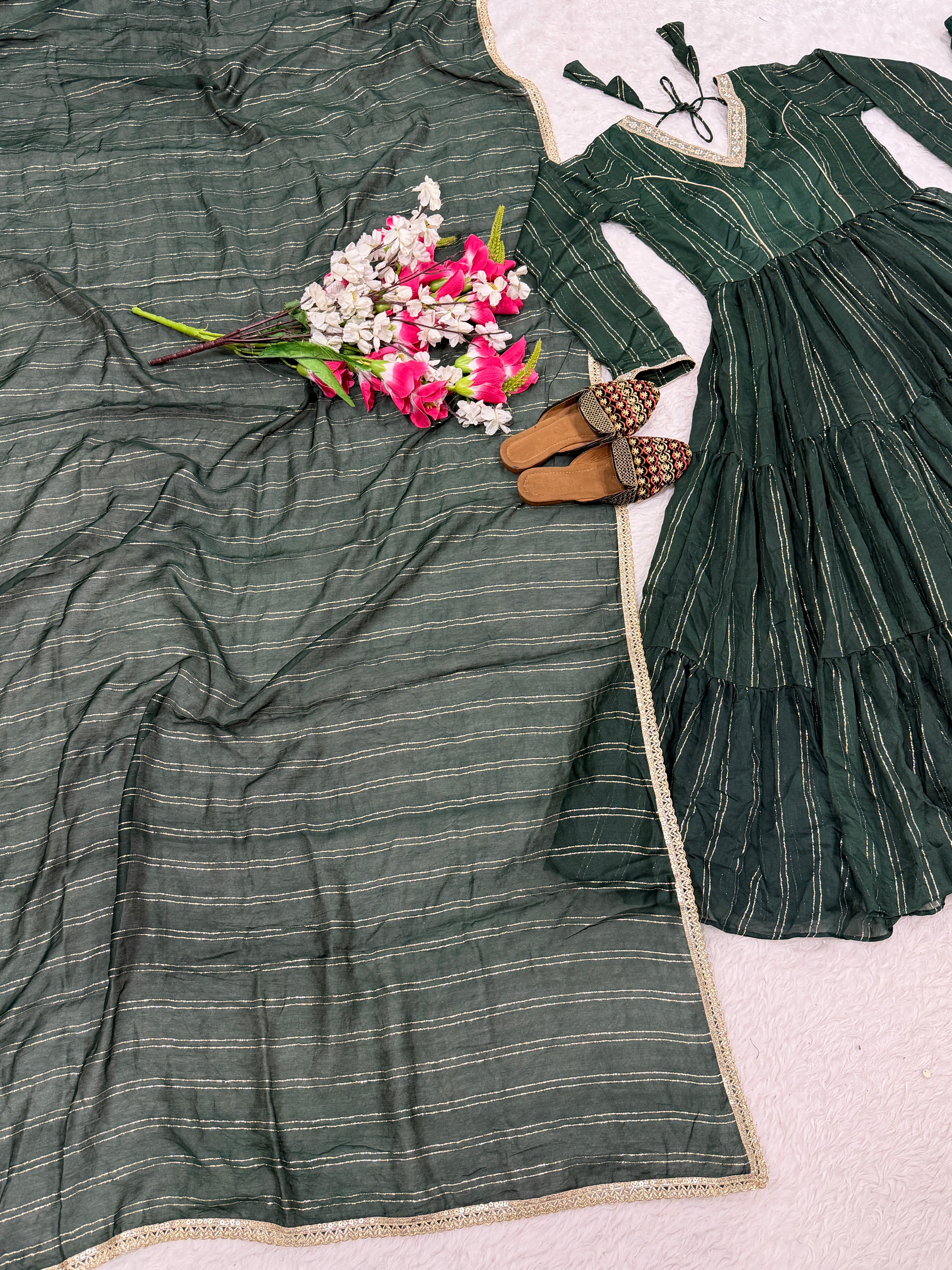 Emerald Green Heavy Brocade Designer Anarkali Suit Set with Dupatta & Pant