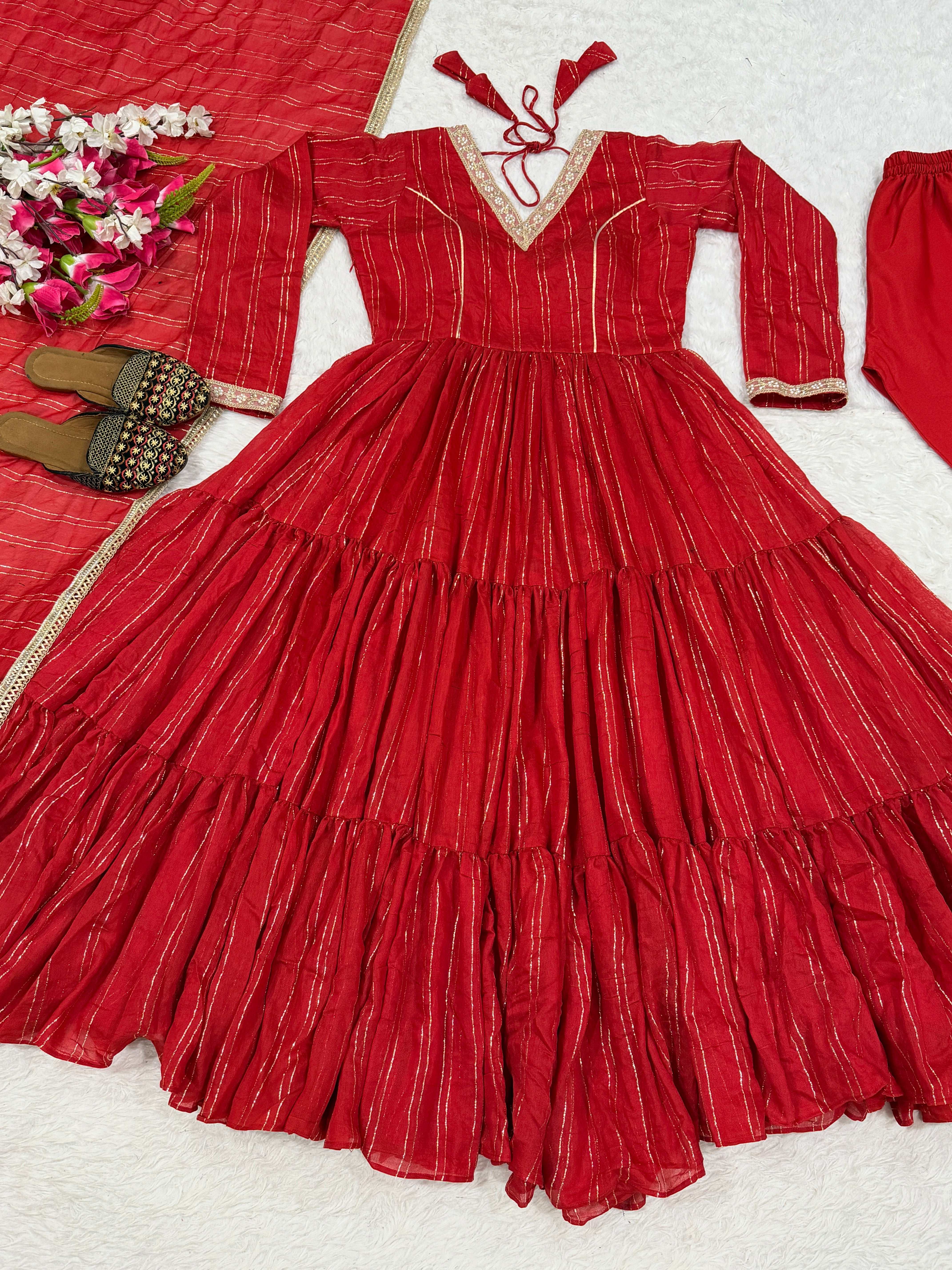 Ruby Red Heavy Brocade Designer Anarkali Suit Set with Matching Brocade Dupatta | Ready to Wear