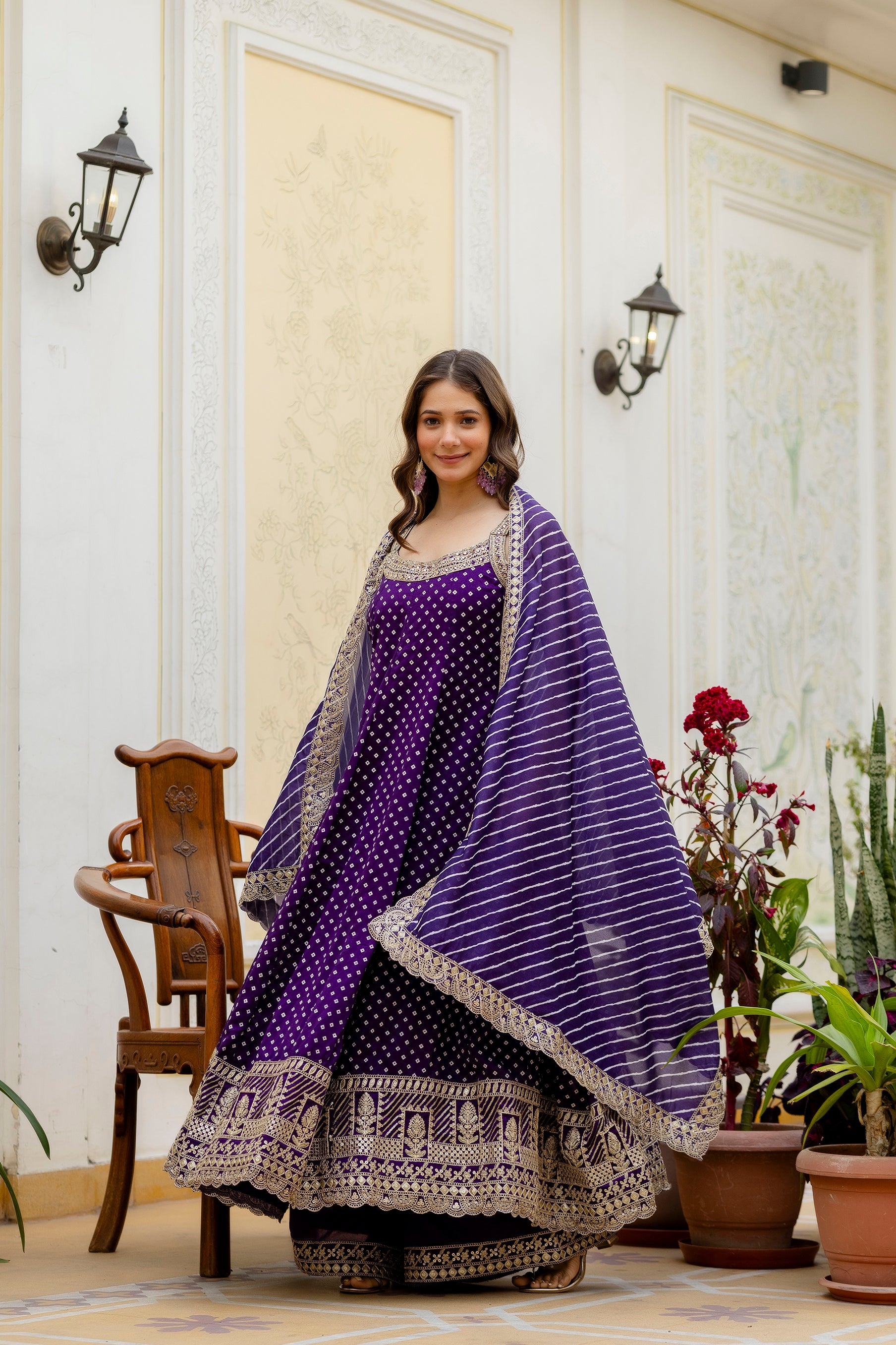 Royal Purple Bandhani Vichitra Silk Embroidered Gown Set with Real Mirror Work & Leheriya Dupatta