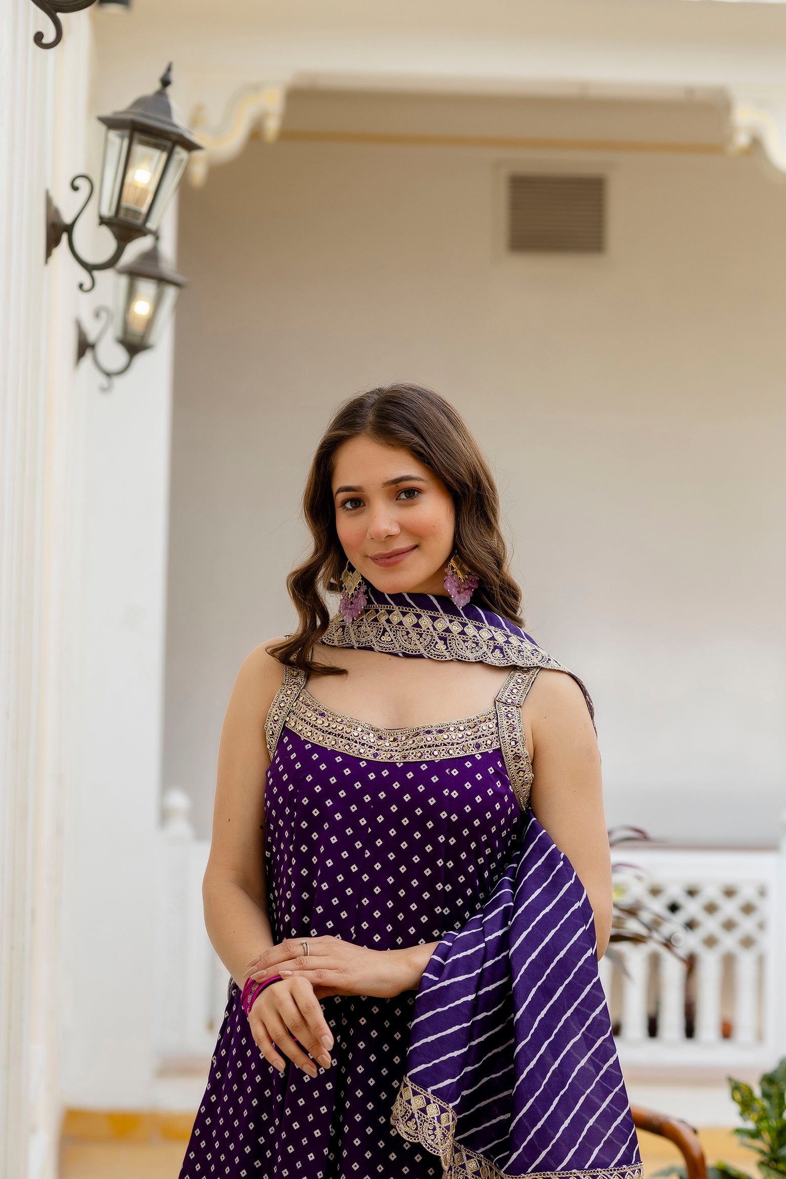 Royal Purple Bandhani Vichitra Silk Embroidered Gown Set with Real Mirror Work & Leheriya Dupatta