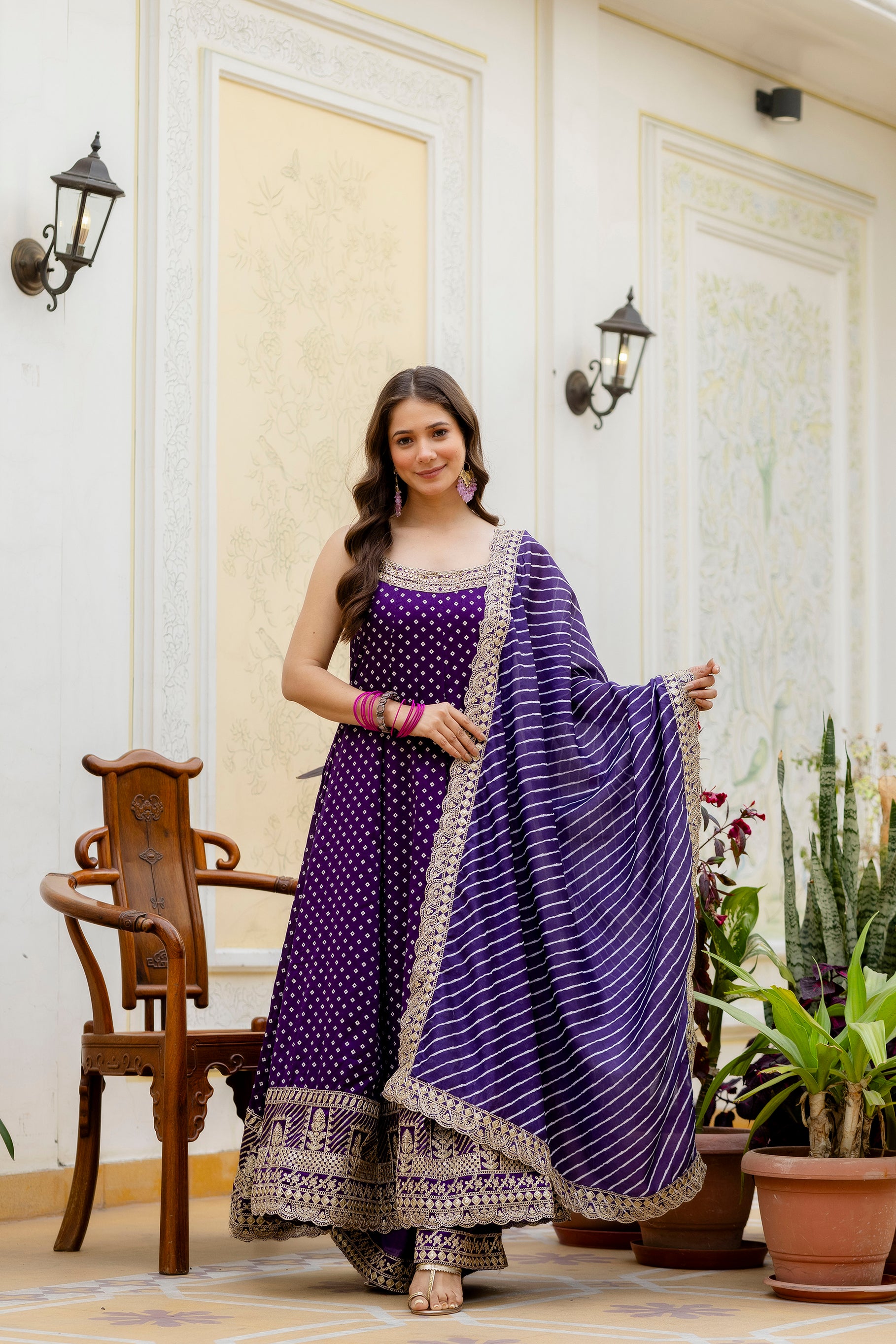 Royal Purple Bandhani Vichitra Silk Embroidered Gown Set with Real Mirror Work & Leheriya Dupatta