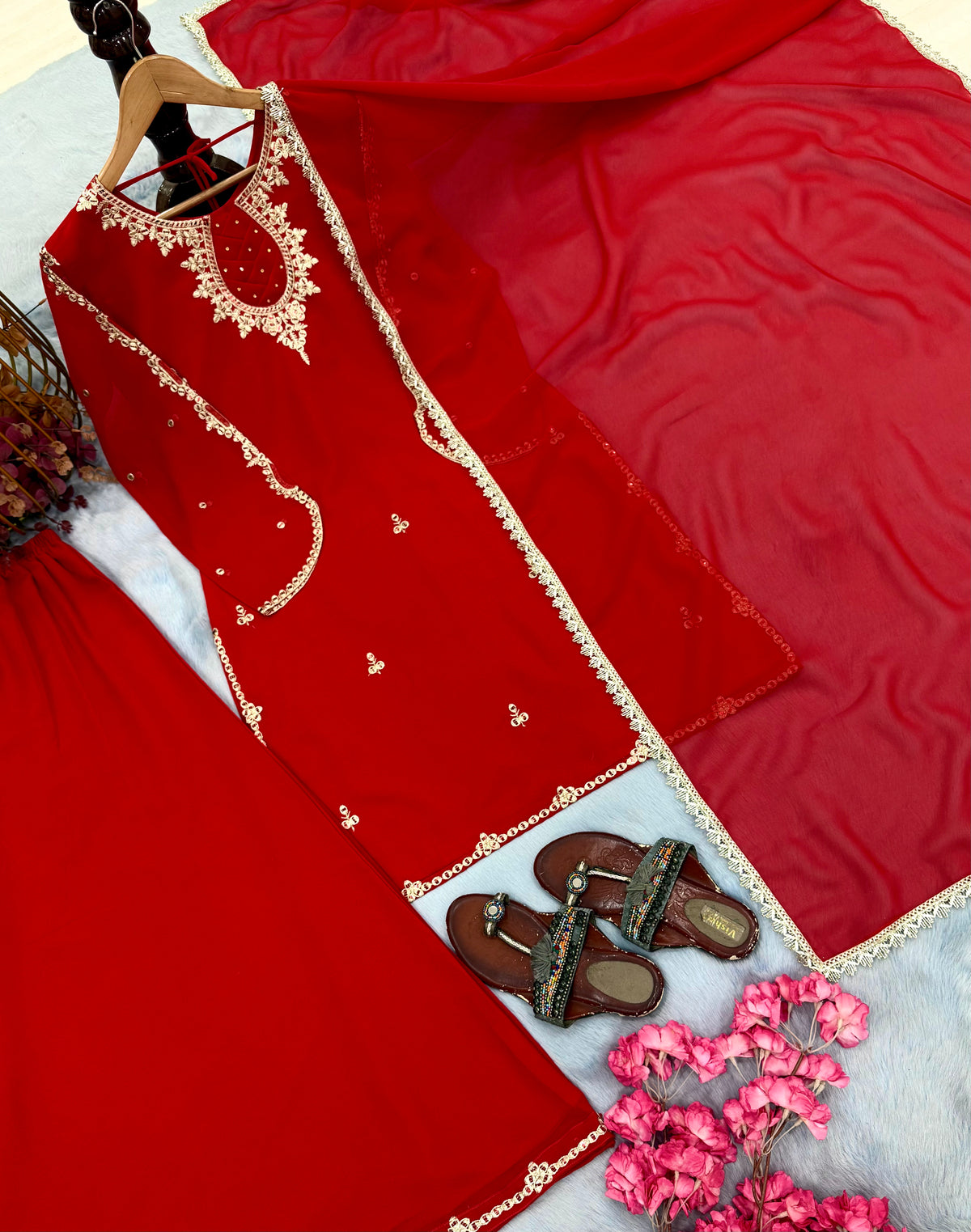 Red Faux Georgette Embroidered Palazzo Suit Set with Stone Work & Dupatta