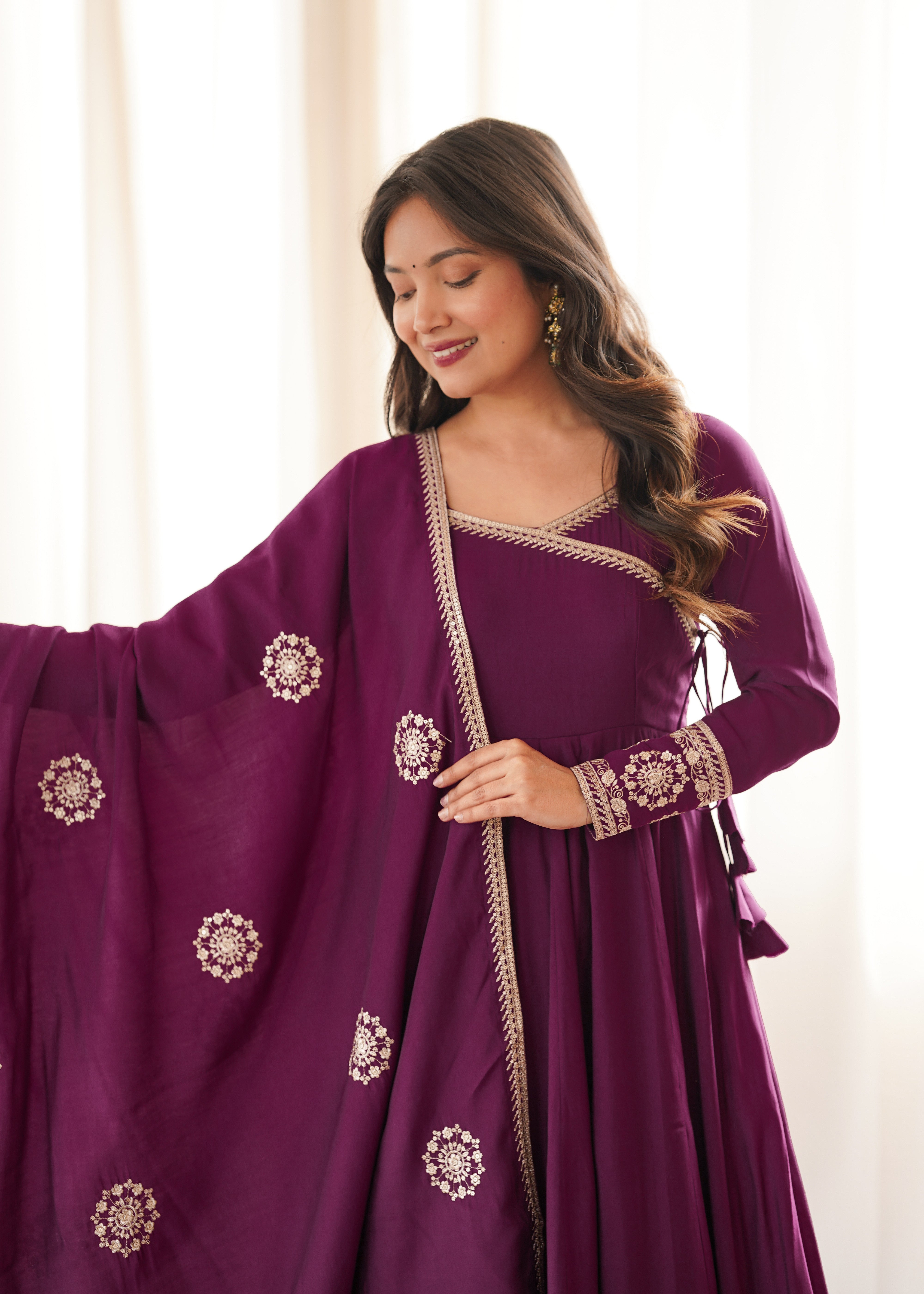 Wine Purple Pure Roman Chanderi Silk Angrakha Style Anarkali Suit Set with Dupatta & Pant