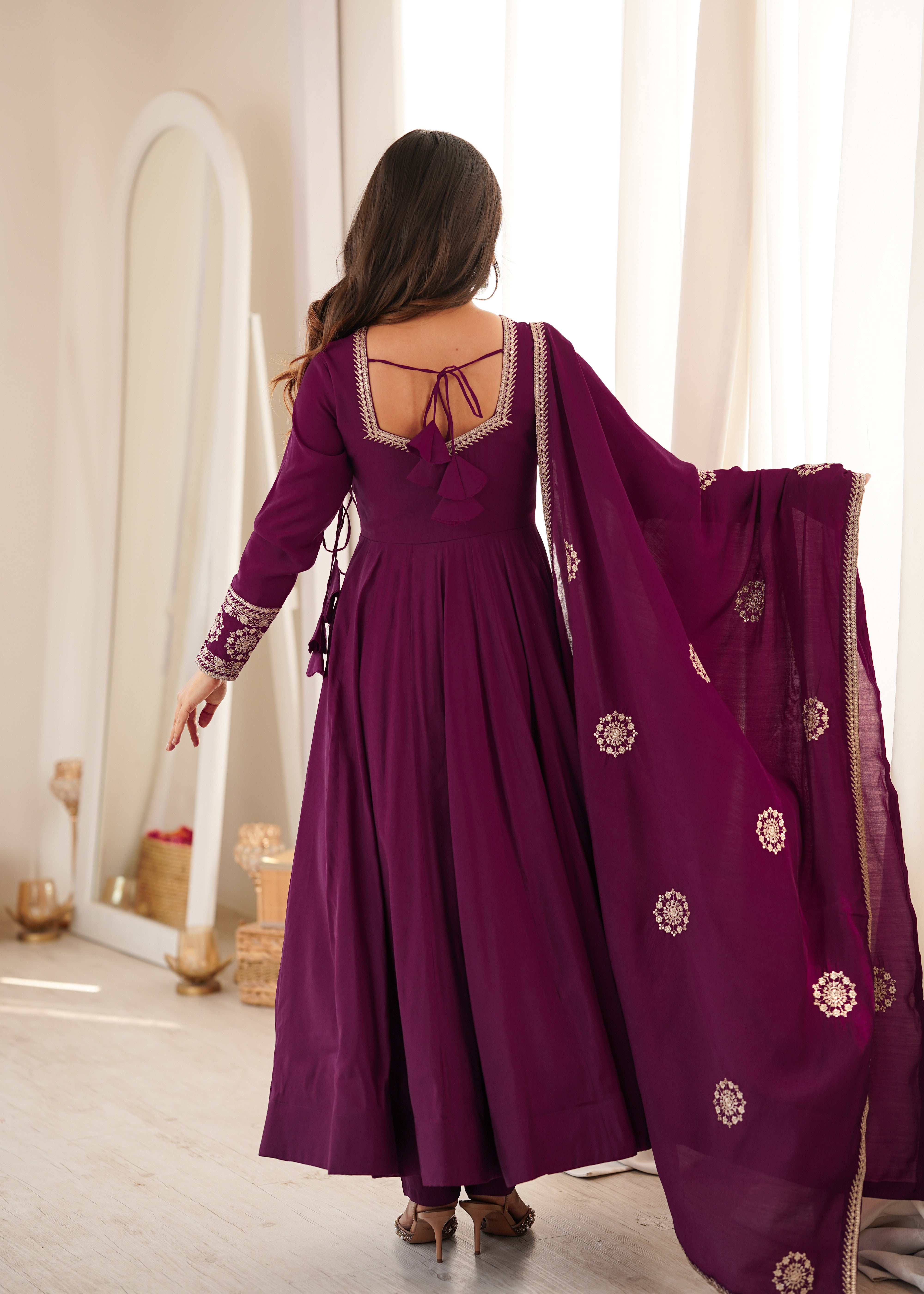 Wine Purple Pure Roman Chanderi Silk Angrakha Style Anarkali Suit Set with Dupatta & Pant