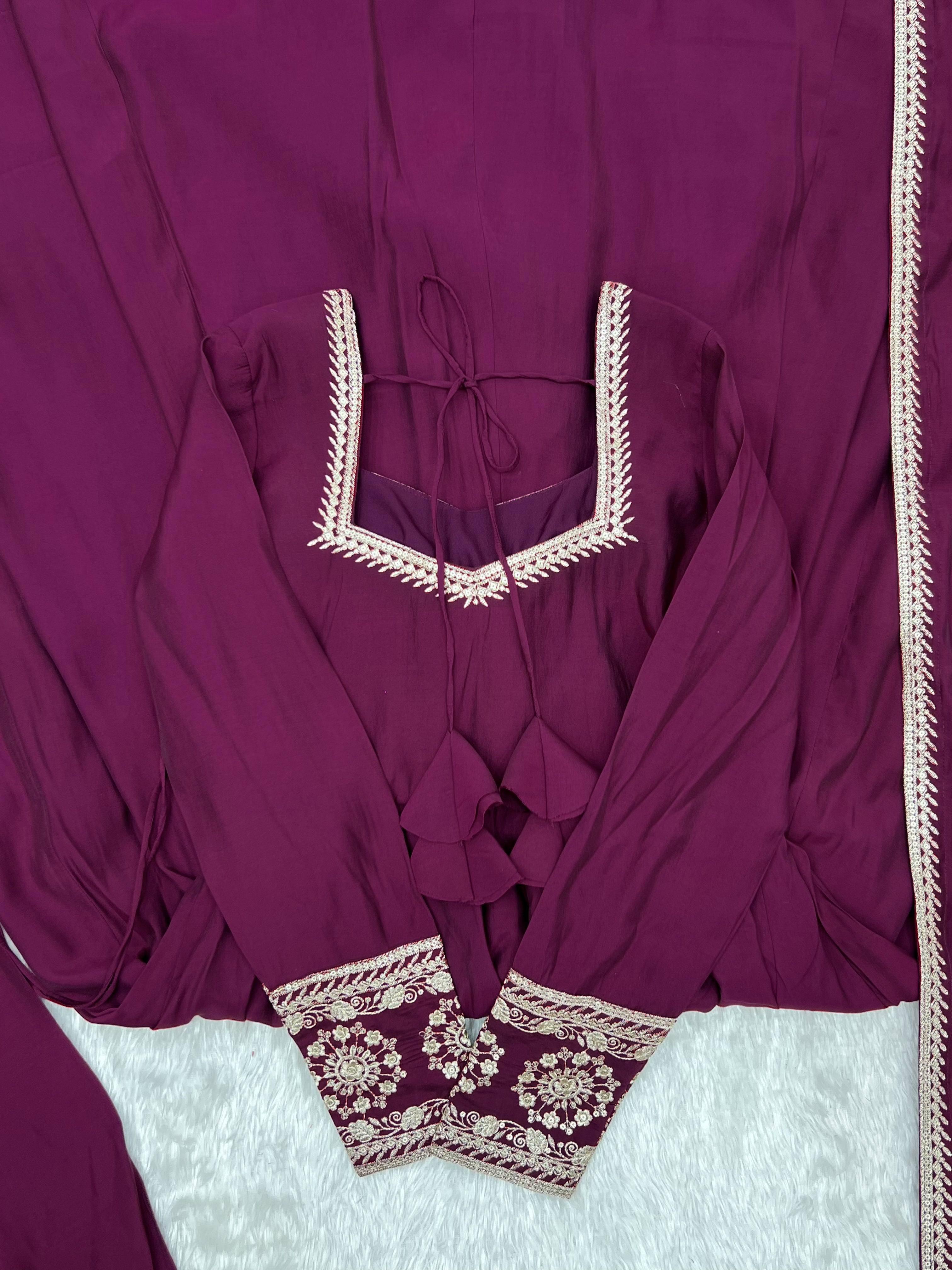 Wine Purple Pure Roman Chanderi Silk Angrakha Style Anarkali Suit Set with Dupatta & Pant