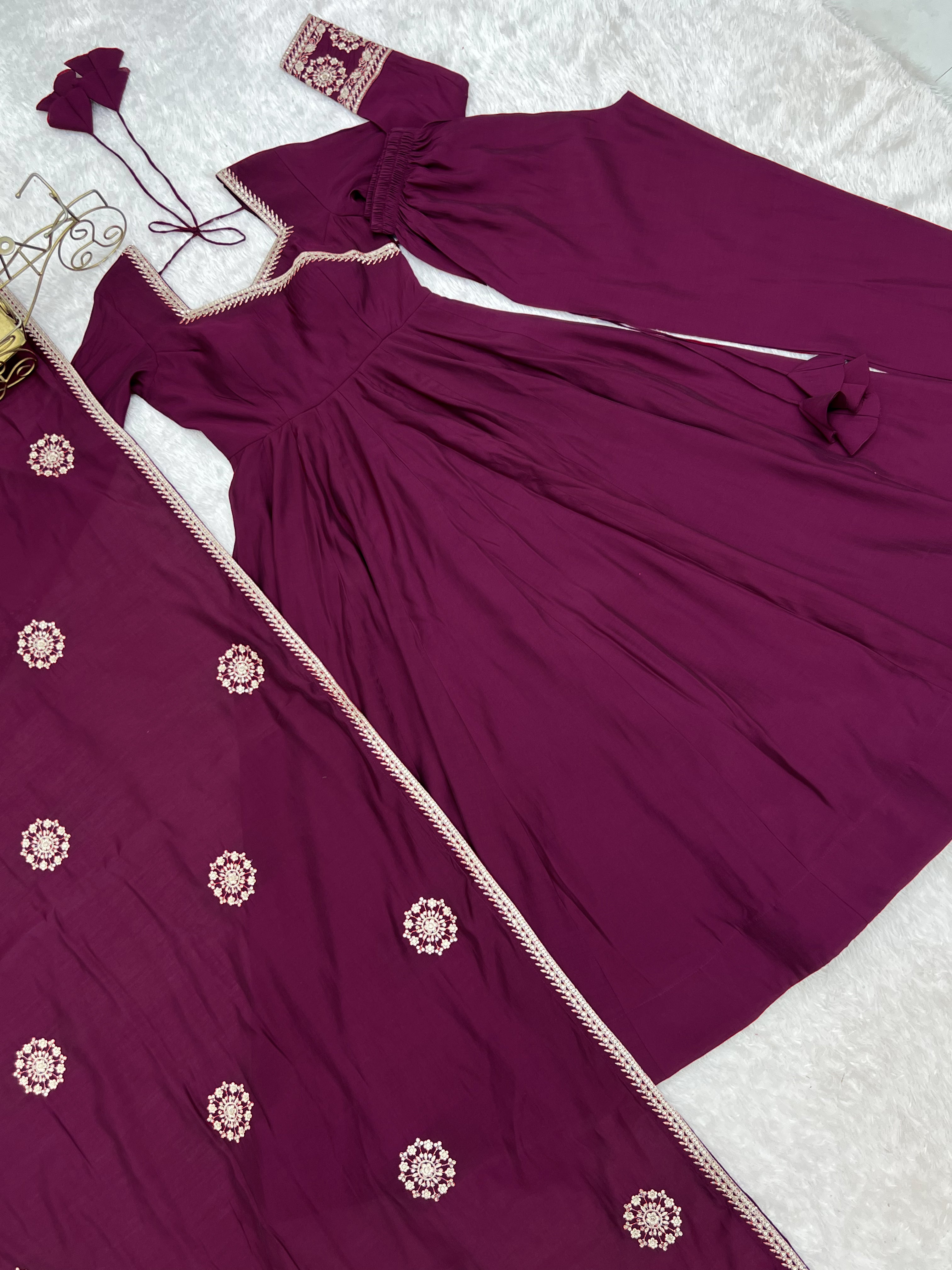 Wine Purple Pure Roman Chanderi Silk Angrakha Style Anarkali Suit Set with Dupatta & Pant