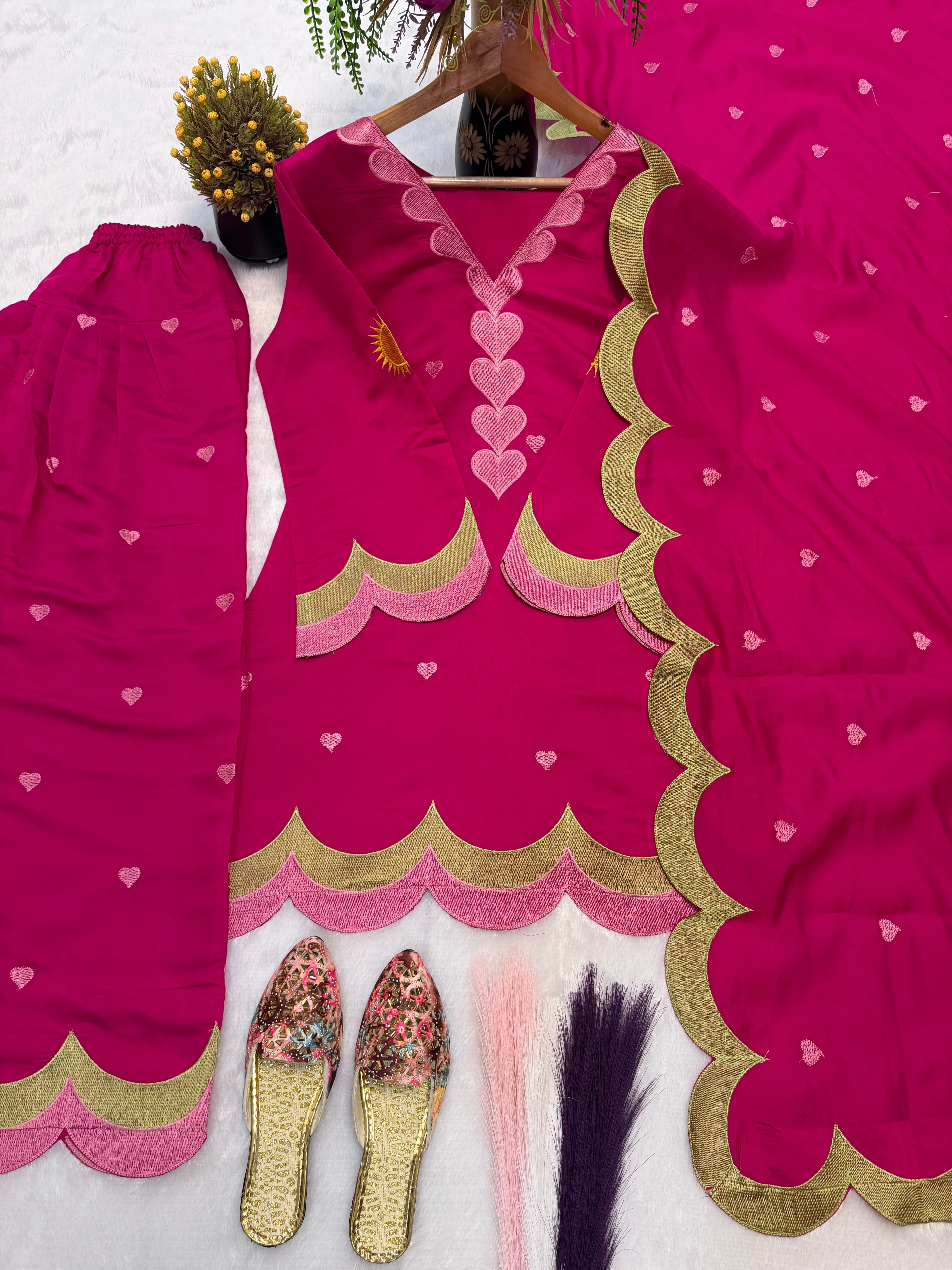 Rani Pink Mal Chanderi Cotton Embroidered Farshi Salwar Suit Set