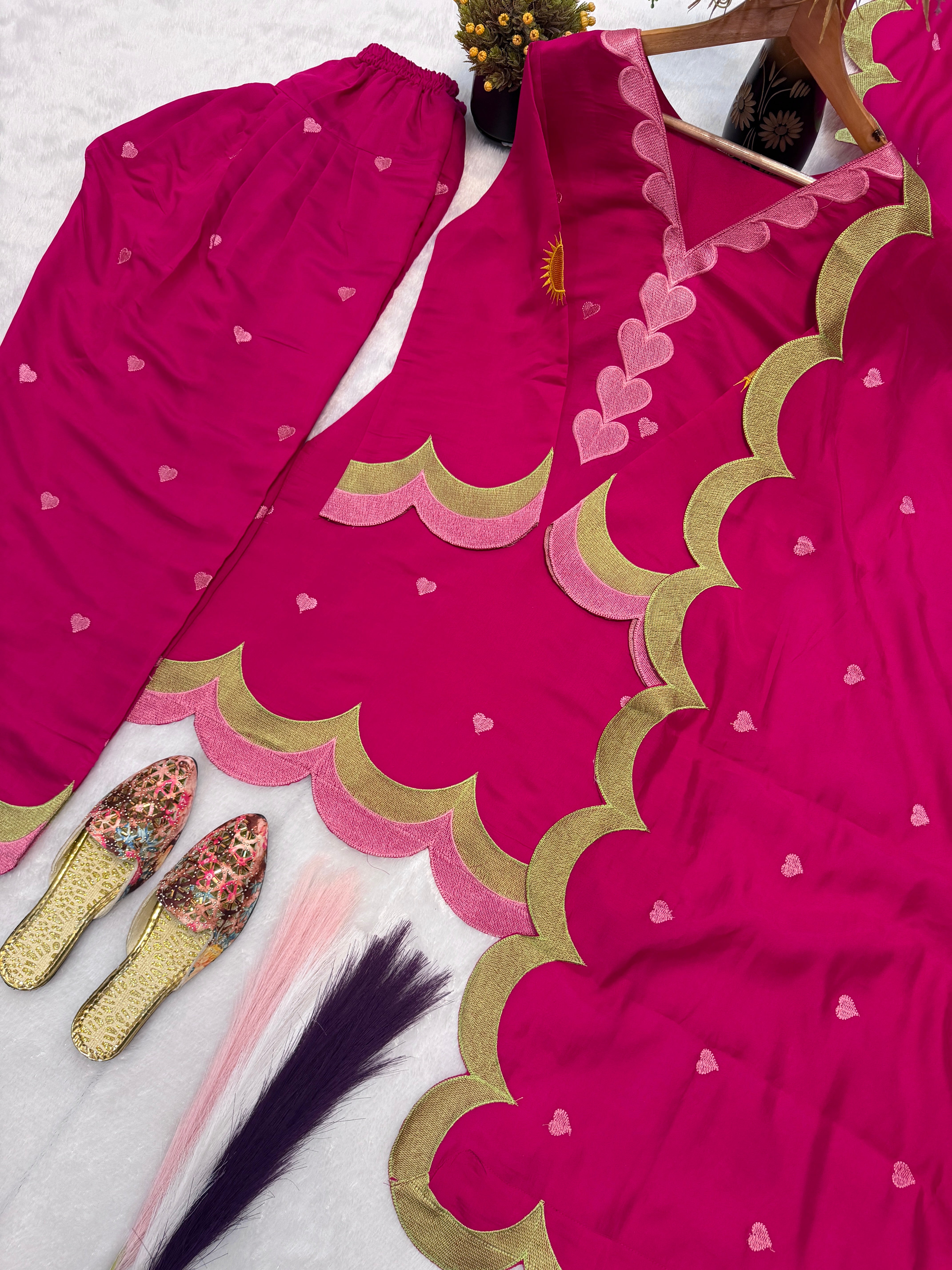 Rani Pink Mal Chanderi Cotton Embroidered Farshi Salwar Suit Set