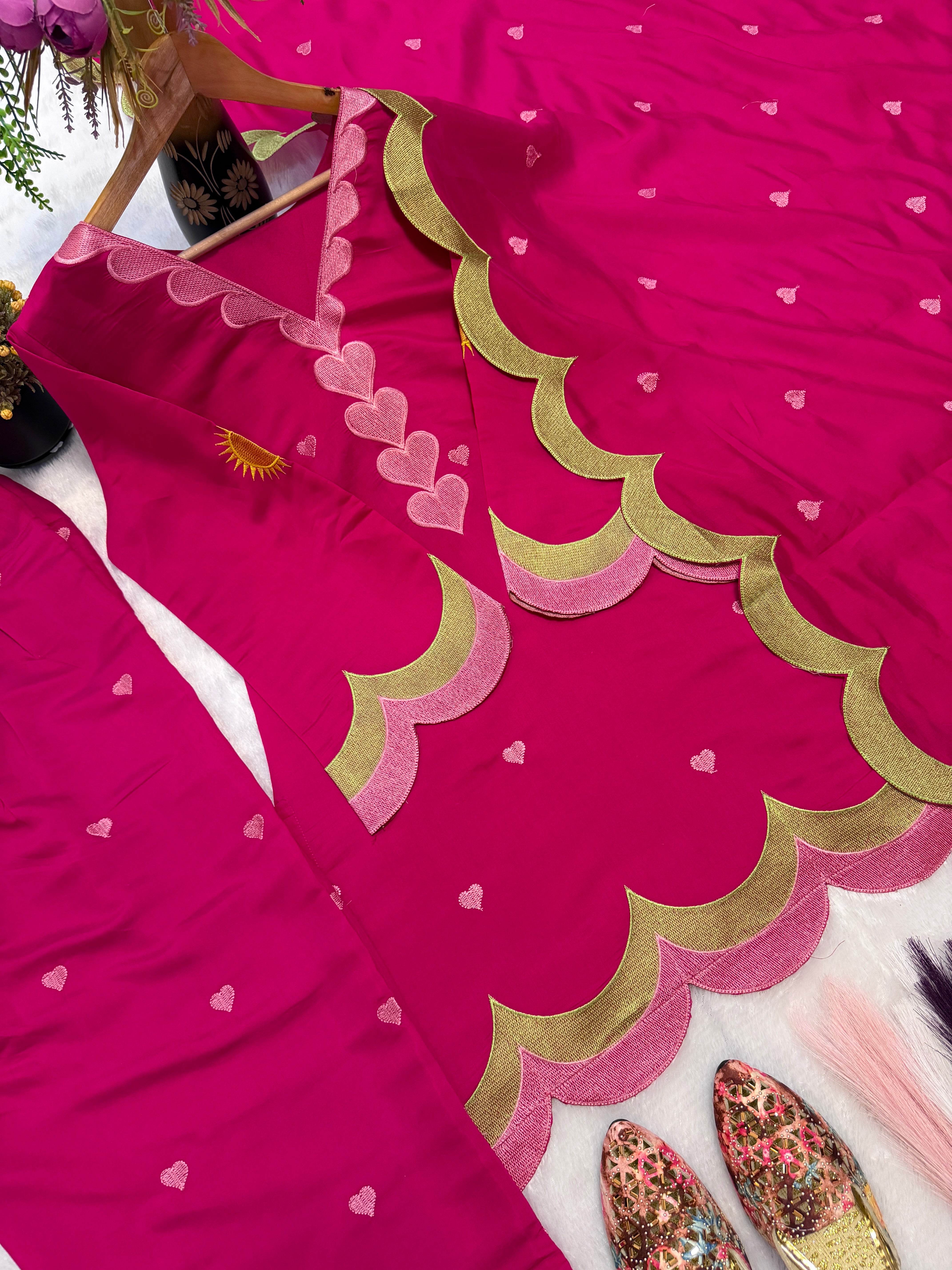Rani Pink Mal Chanderi Cotton Embroidered Farshi Salwar Suit Set