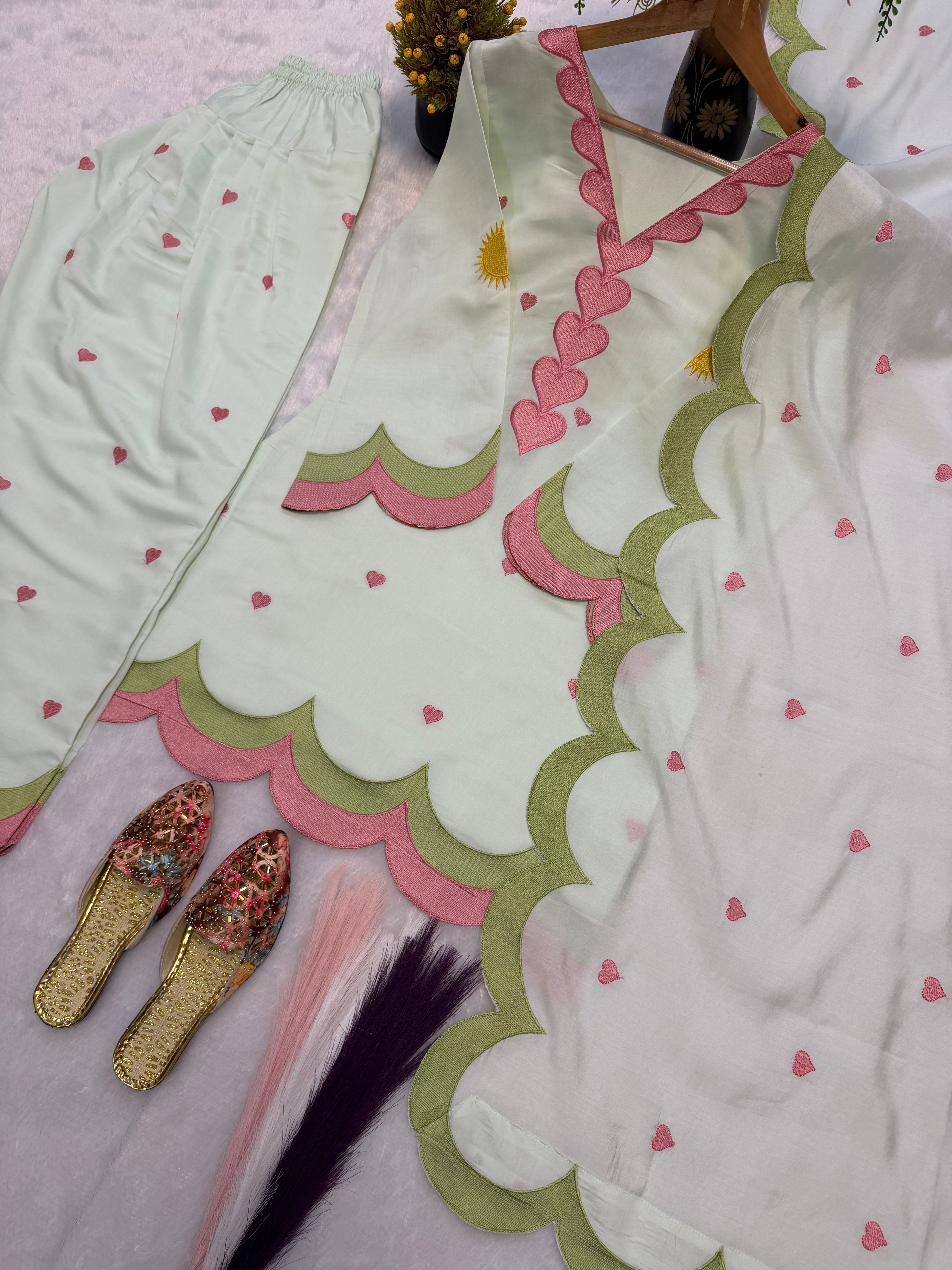 Mint Green Mal Chanderi Cotton Embroidered Farshi Salwar Suit Set