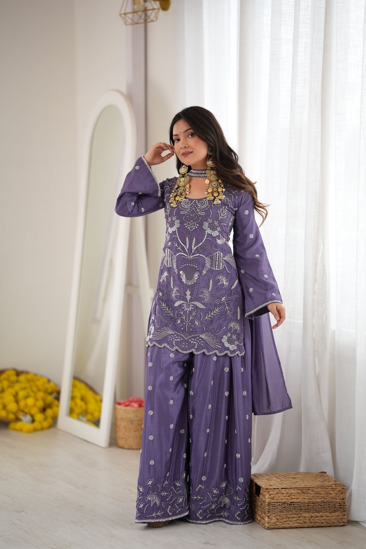 Purple Chinon Silk Cut Dana Beads Work Palazzo Suit Set with Dupatta
