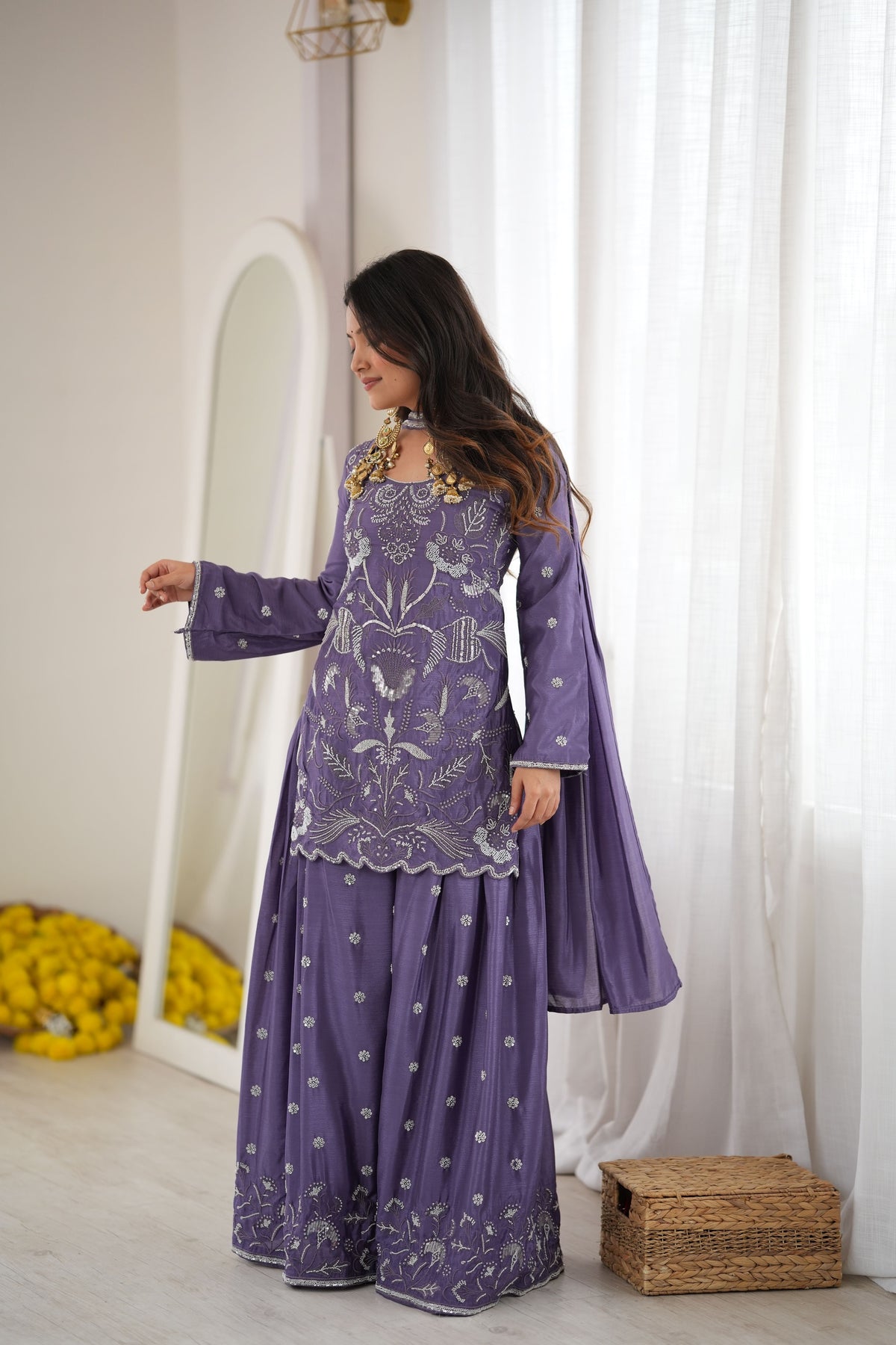 Purple Chinon Silk Cut Dana Beads Work Palazzo Suit Set with Dupatta