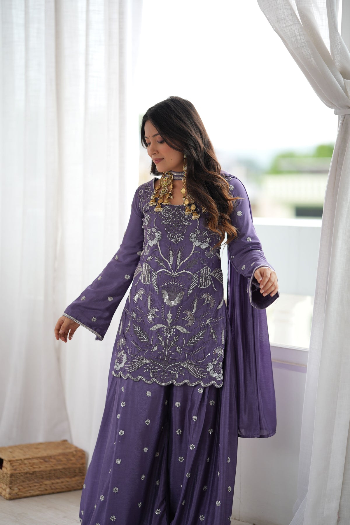 Purple Chinon Silk Cut Dana Beads Work Palazzo Suit Set with Dupatta