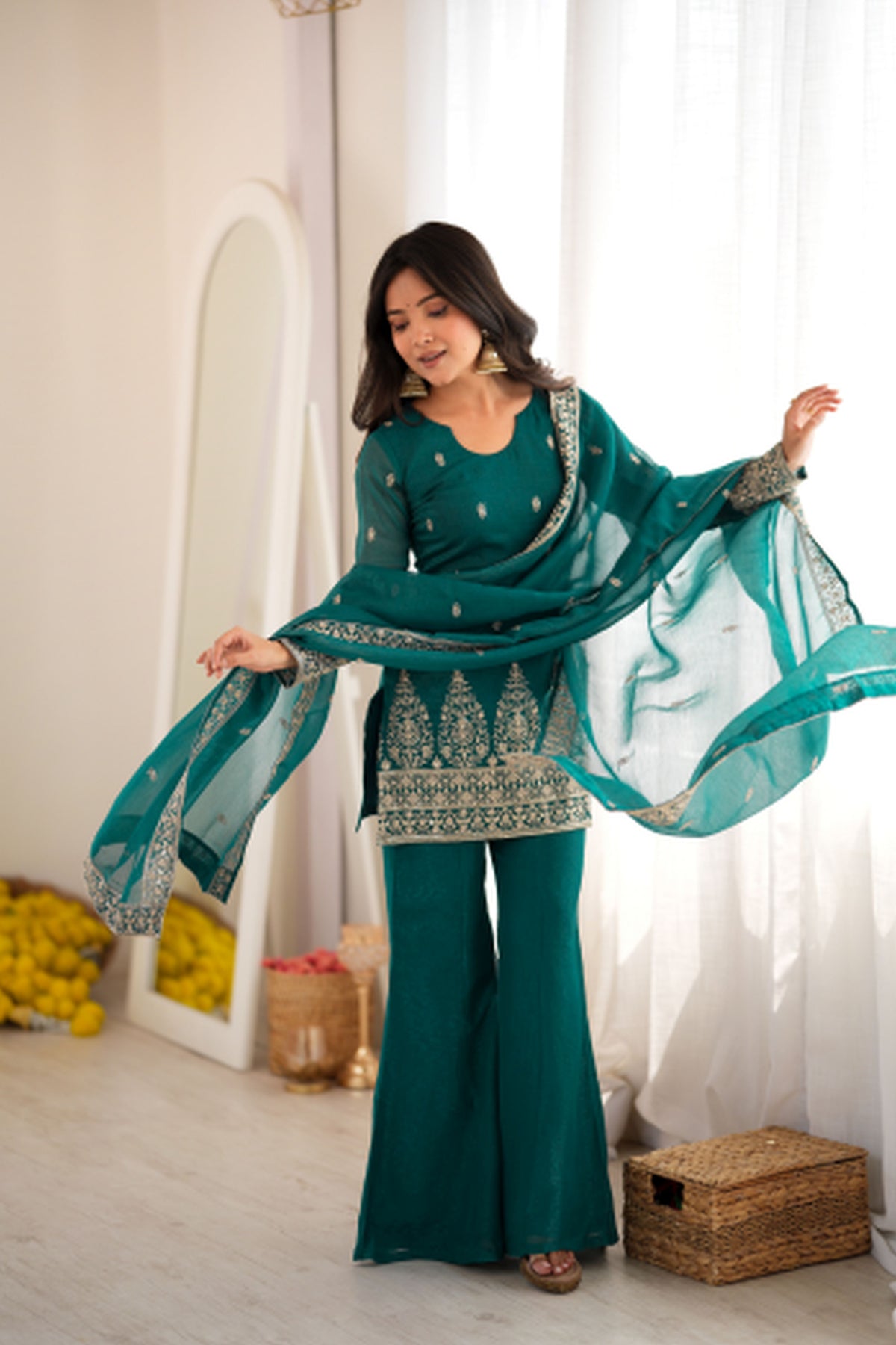 Peacock Teal Green Crunchy Silk Embroidered Kurta Bell Bottom Pant Set with Dupatta