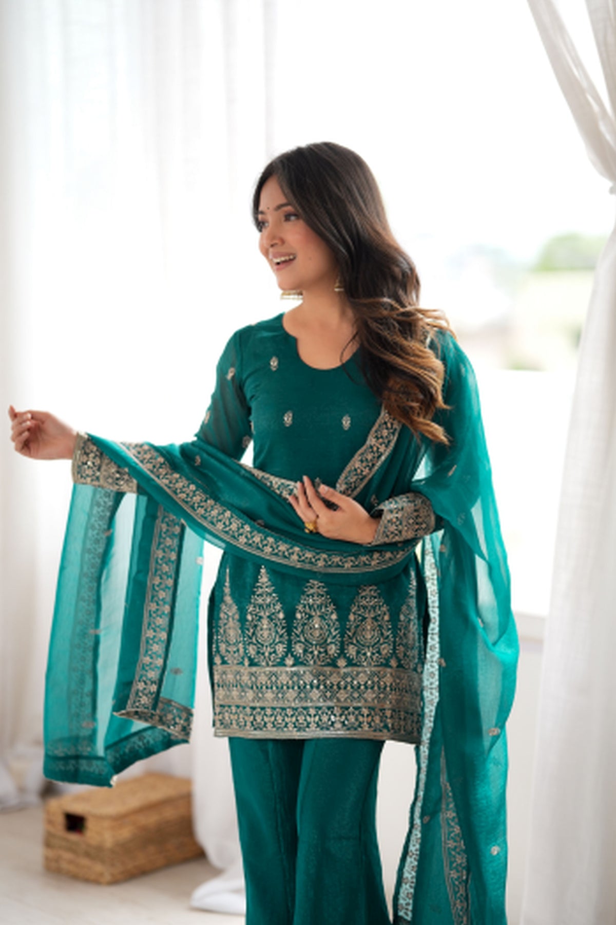 Peacock Teal Green Crunchy Silk Embroidered Kurta Bell Bottom Pant Set with Dupatta