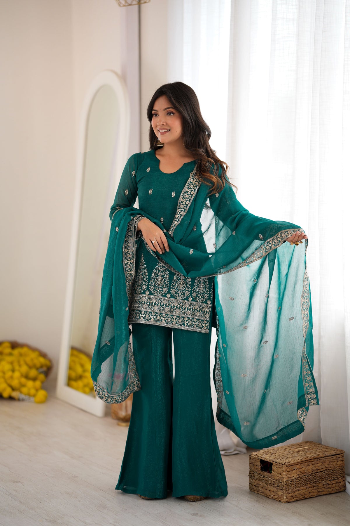 Peacock Teal Green Crunchy Silk Embroidered Kurta Bell Bottom Pant Set with Dupatta