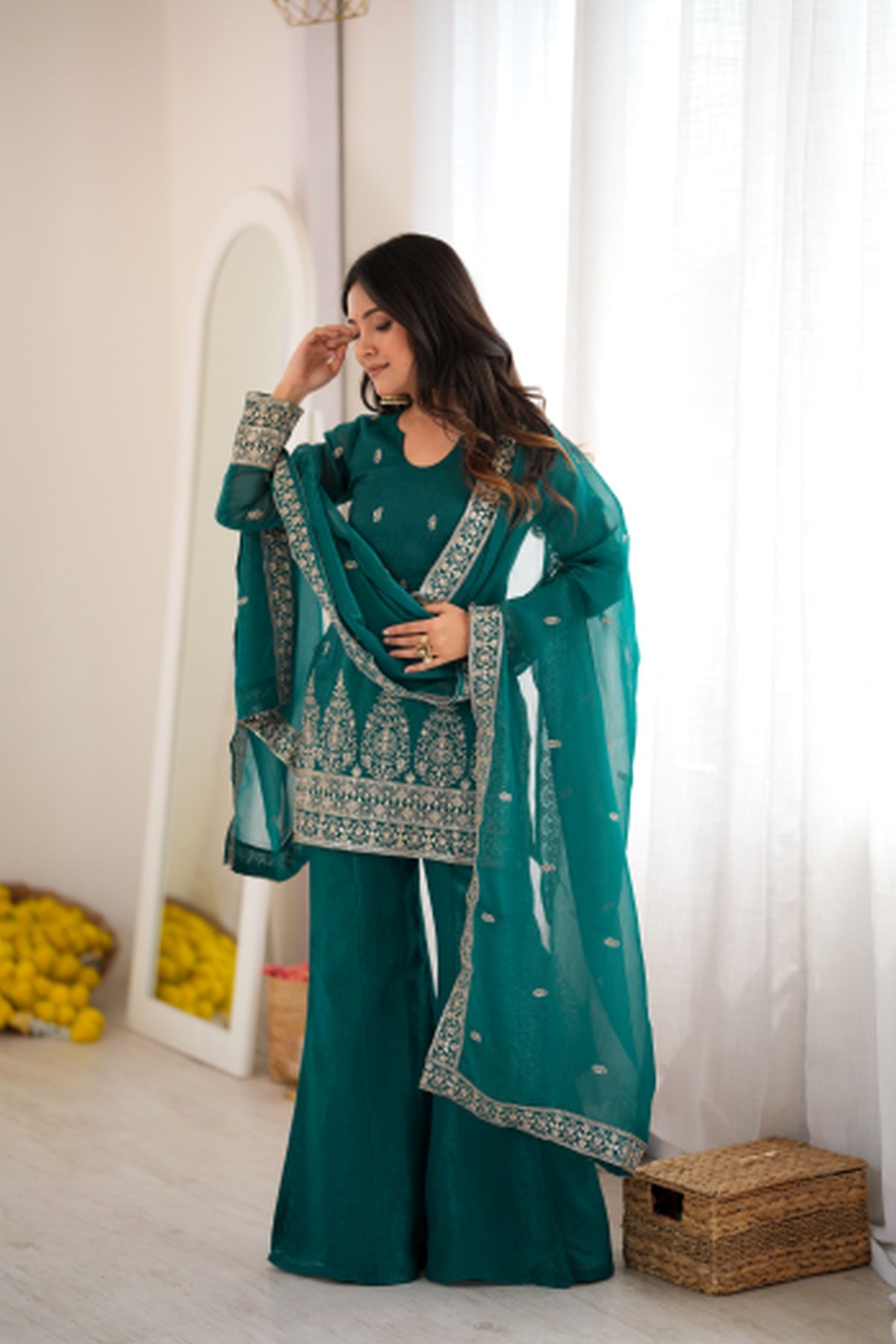 Peacock Teal Green Crunchy Silk Embroidered Kurta Bell Bottom Pant Set with Dupatta