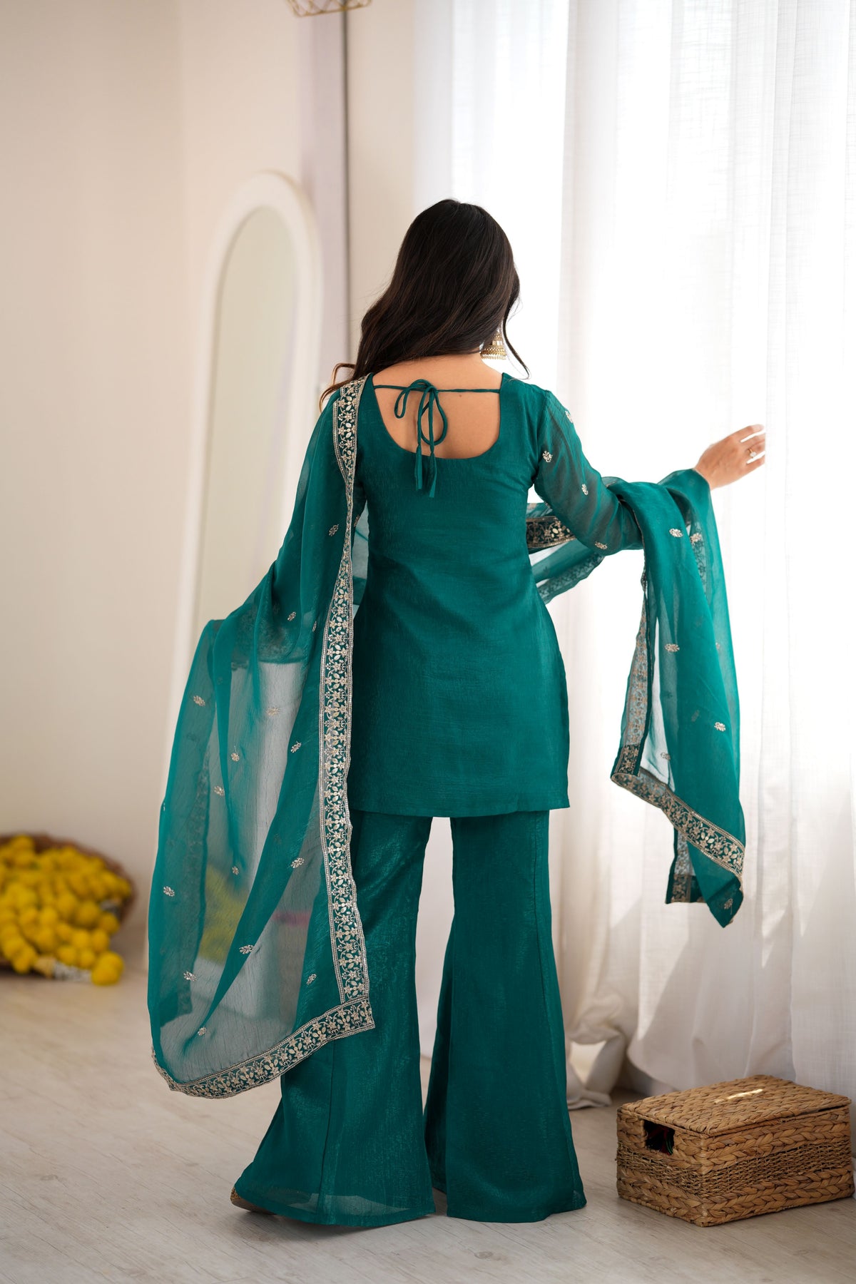 Peacock Teal Green Crunchy Silk Embroidered Kurta Bell Bottom Pant Set with Dupatta