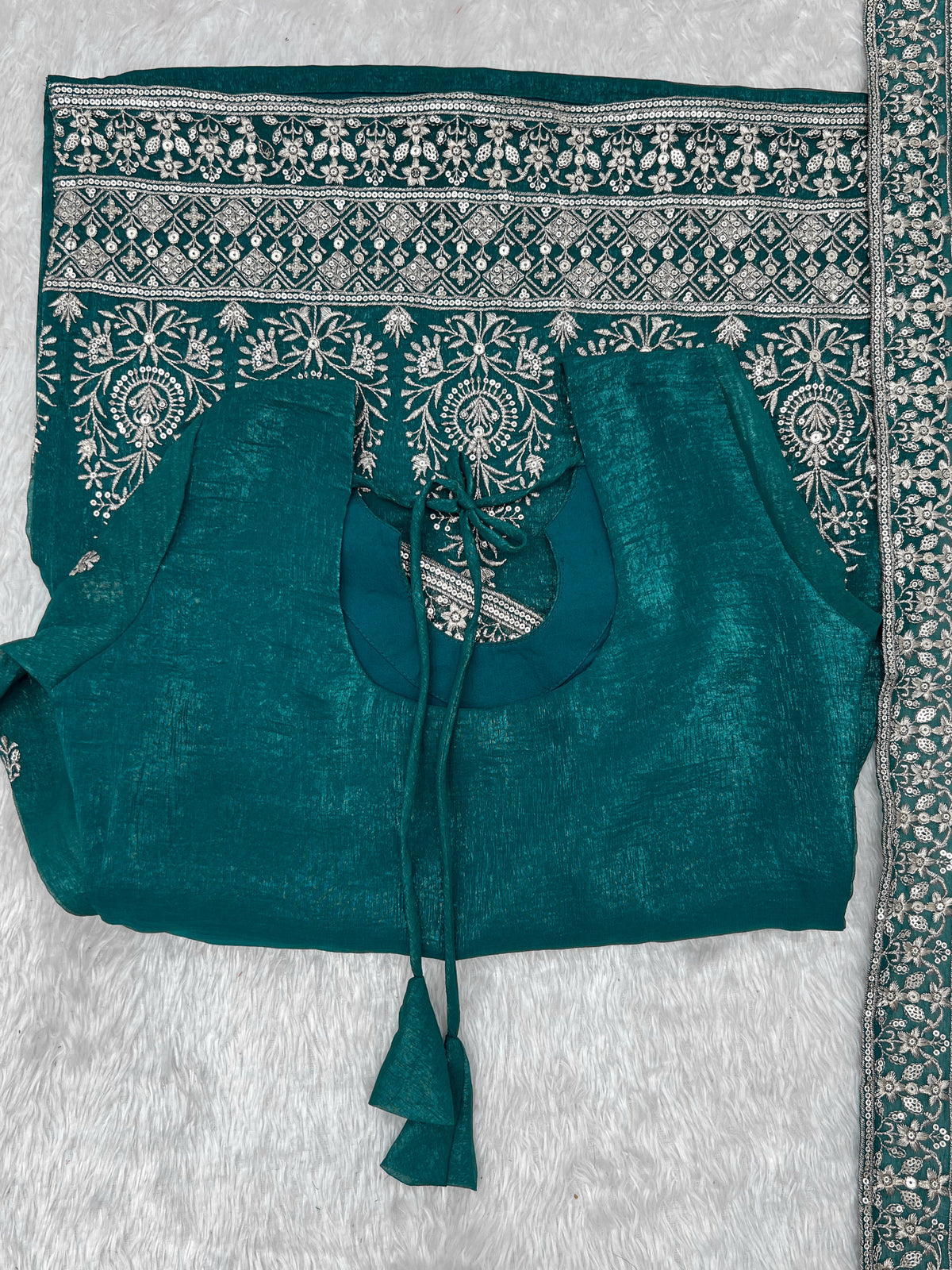 Peacock Teal Green Crunchy Silk Embroidered Kurta Bell Bottom Pant Set with Dupatta