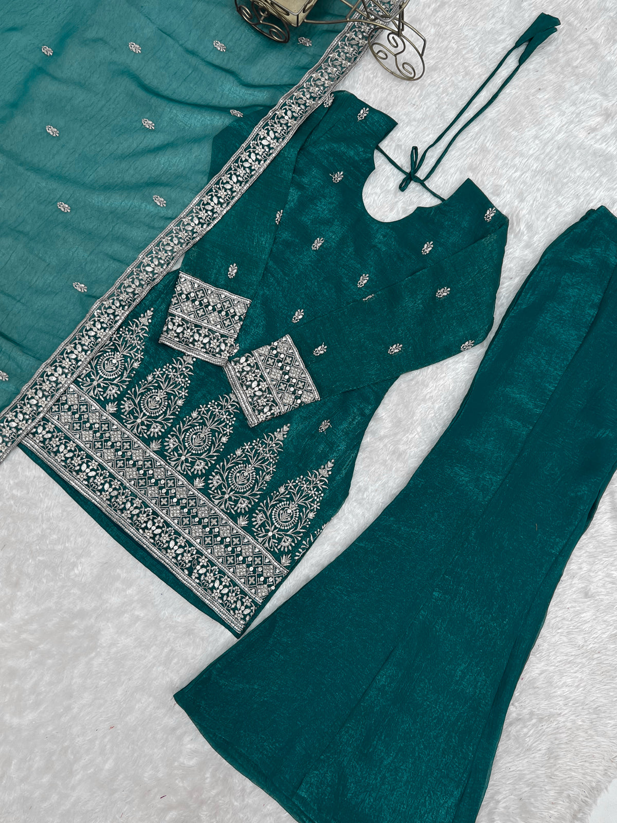 Peacock Teal Green Crunchy Silk Embroidered Kurta Bell Bottom Pant Set with Dupatta