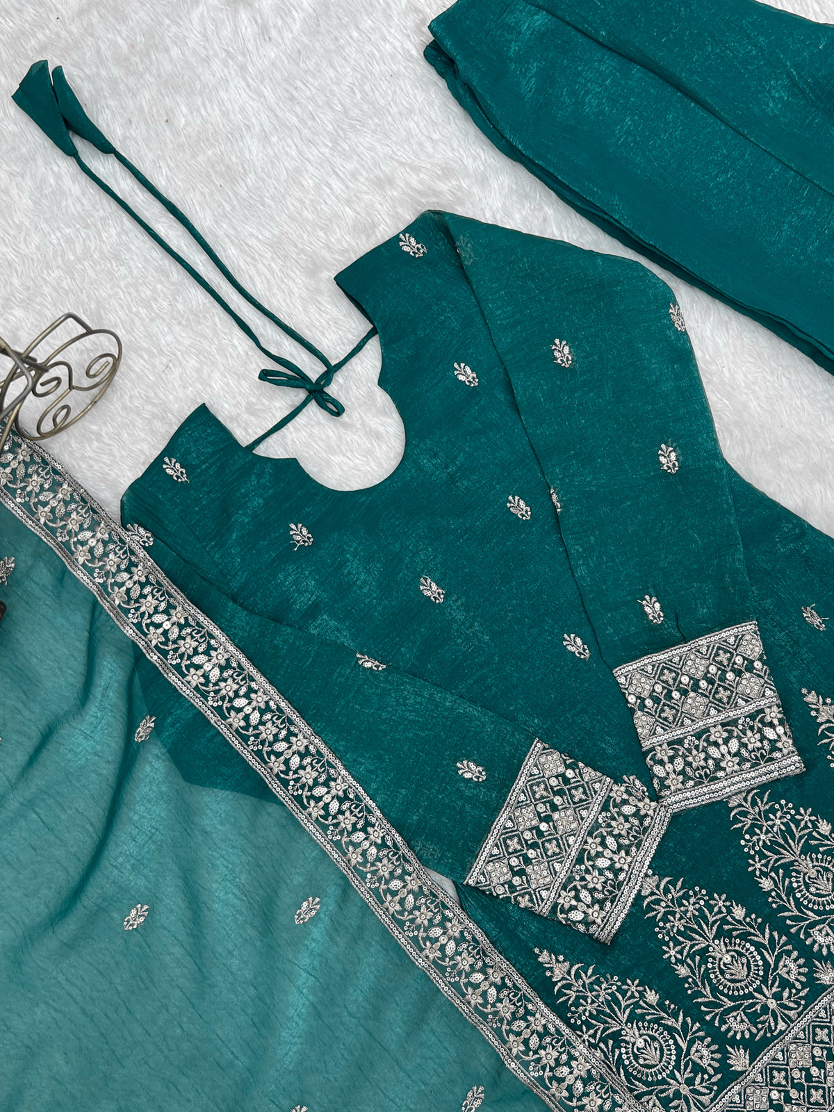 Peacock Teal Green Crunchy Silk Embroidered Kurta Bell Bottom Pant Set with Dupatta