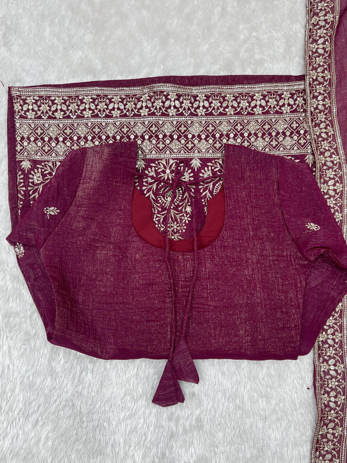 Wine Purple Crunchy Silk Embroidered Kurta Bell Bottom Pant Set with Dupatta