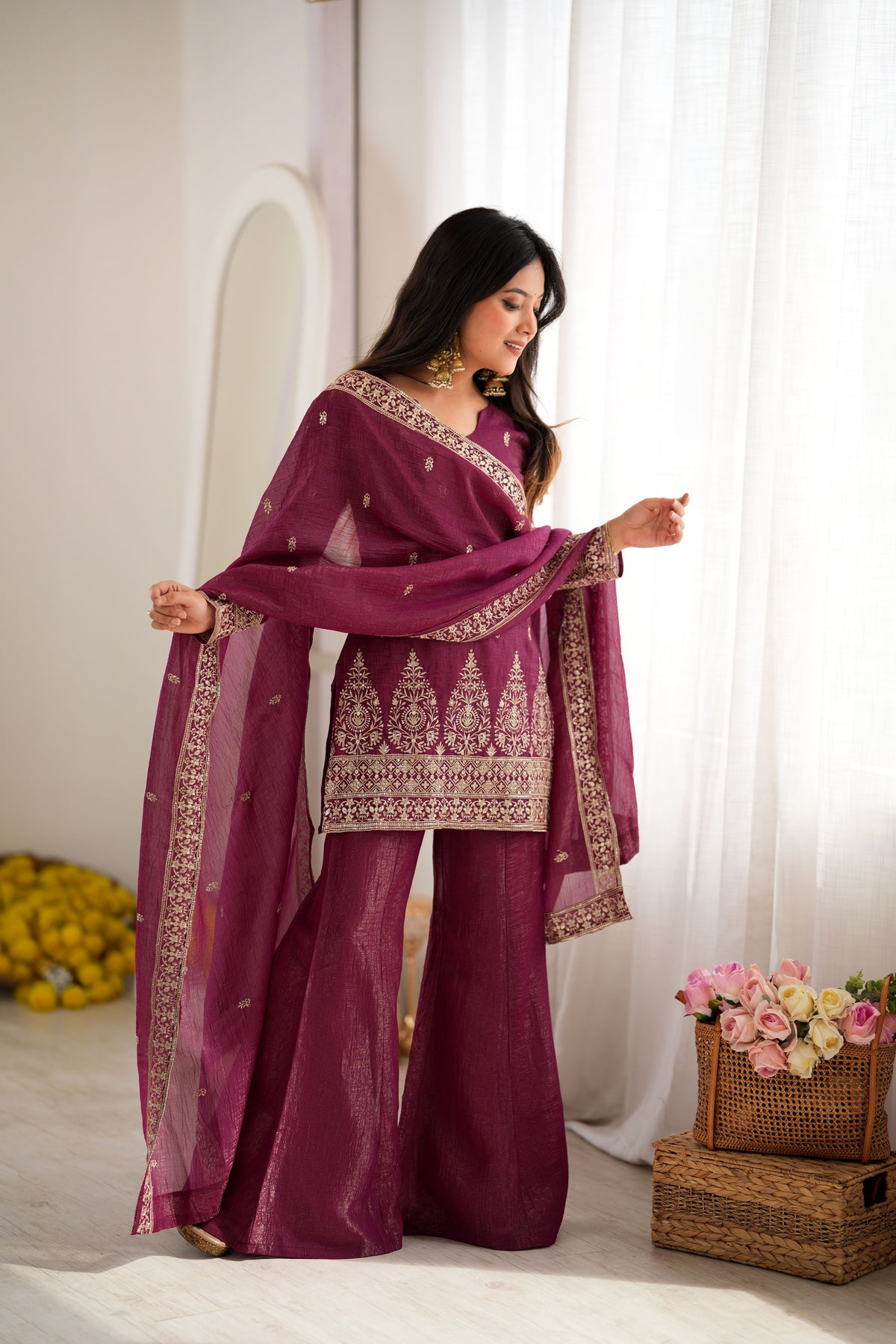 Wine Purple Crunchy Silk Embroidered Kurta Bell Bottom Pant Set with Dupatta
