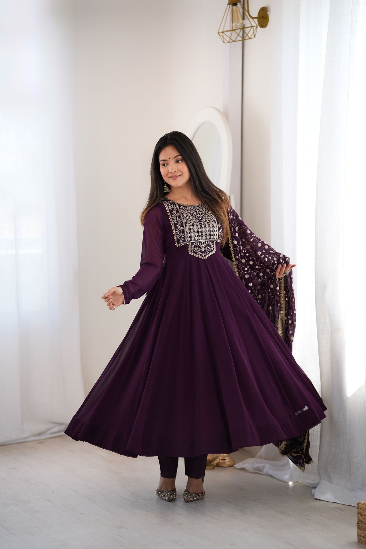 Plum Purple Fox Georgette Embroidered Anarkali Suit Set with Dupatta