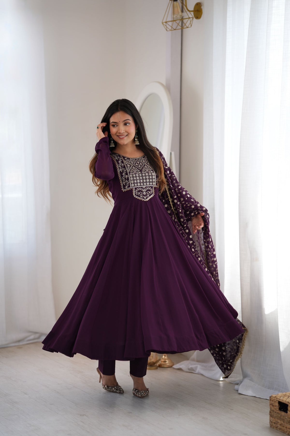 Plum Purple Fox Georgette Embroidered Anarkali Suit Set with Dupatta