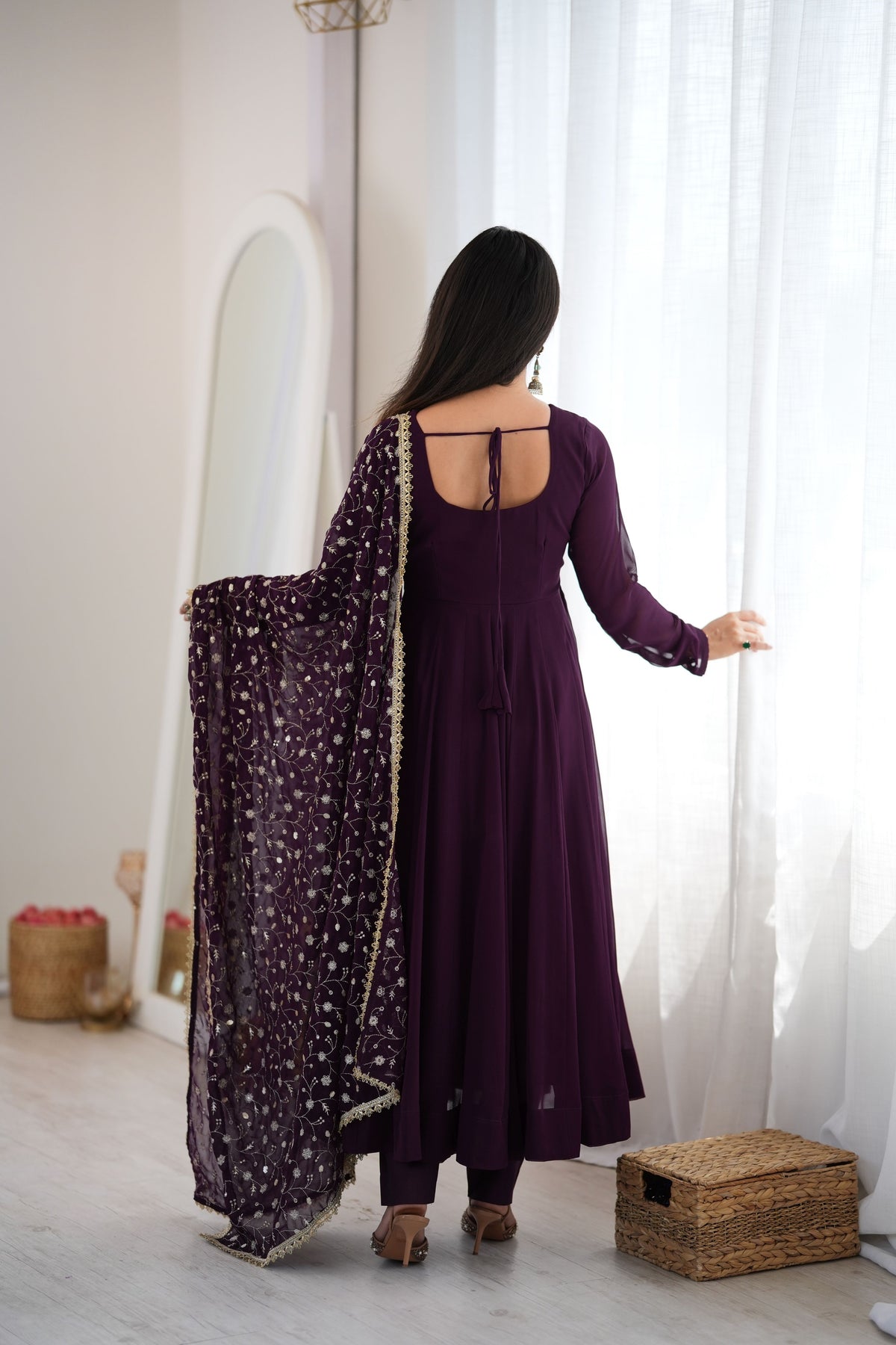Plum Purple Fox Georgette Embroidered Anarkali Suit Set with Dupatta