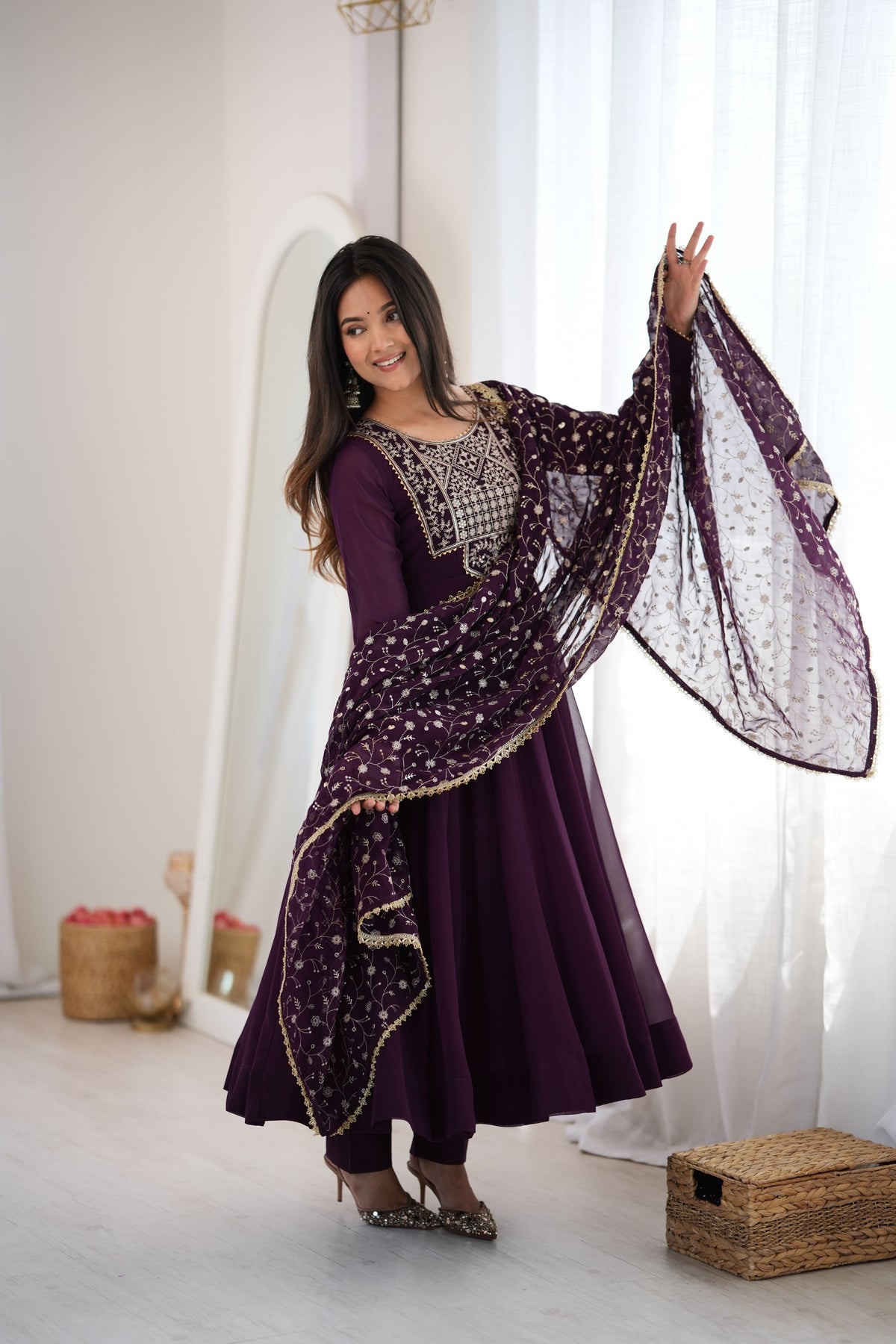 Plum Purple Fox Georgette Embroidered Anarkali Suit Set with Dupatta